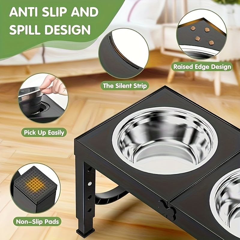 Elevated Dog Bowl, Foldable Pet Food Bowl Holder, Raised Dog Bowls Stand Set With 2 Stainless Steel Bowls, Raised Pet Feeder Adjusts To 4 Heights 9/11/12/14in, Non-Slip Dog Food Water Bowls Pet Dish Station For Large Medium S