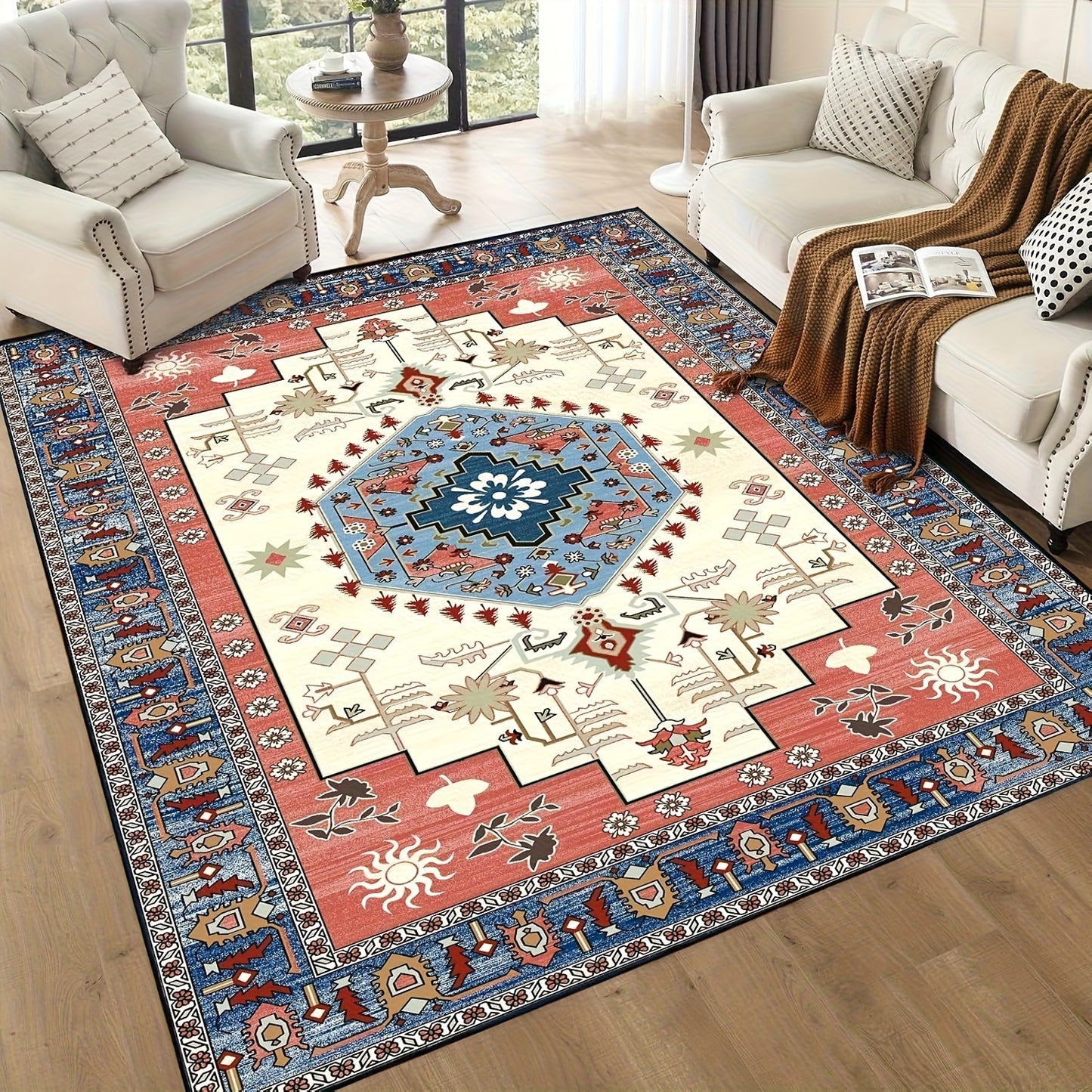 Machine Washable Rug with Non-Slip, Blue Area Rug, Vintage Boho Area Rug for Living Room Bedroom Dining Home Office Rugs