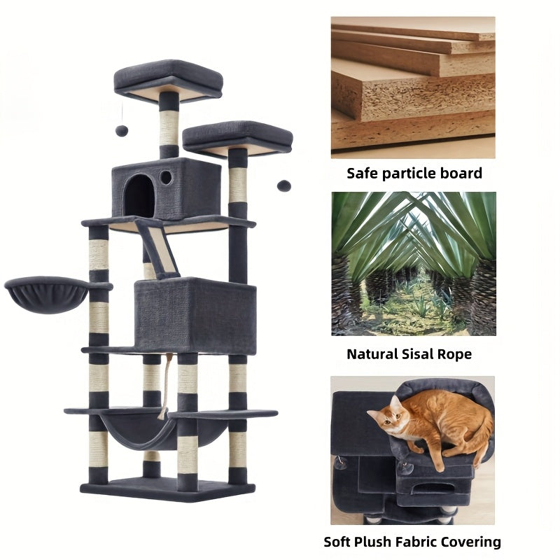 Feandrea 44/66.1in Cat Tree, Large Cat Tower with 13 Scratching Posts, 2 Perches, 2 Caves, Hanging Basket & Hammock, Pompoms, Stable Kitty Play House, Multi-Level Plush Cat Condo for Indoor Cats, Easy to Assemble, Perfect Gif