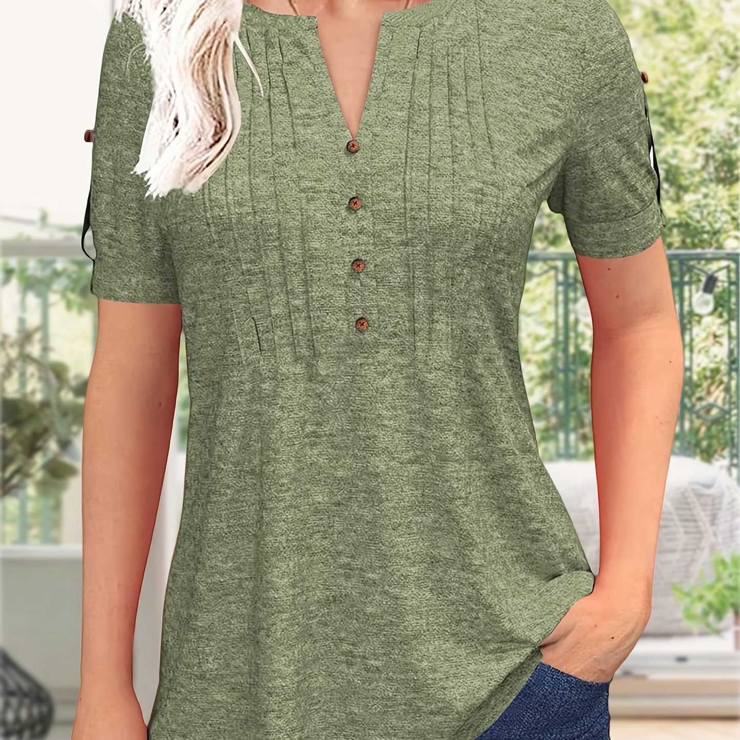 Women's Zipper Summer Pleated Button Short Sleeve T-Shirt