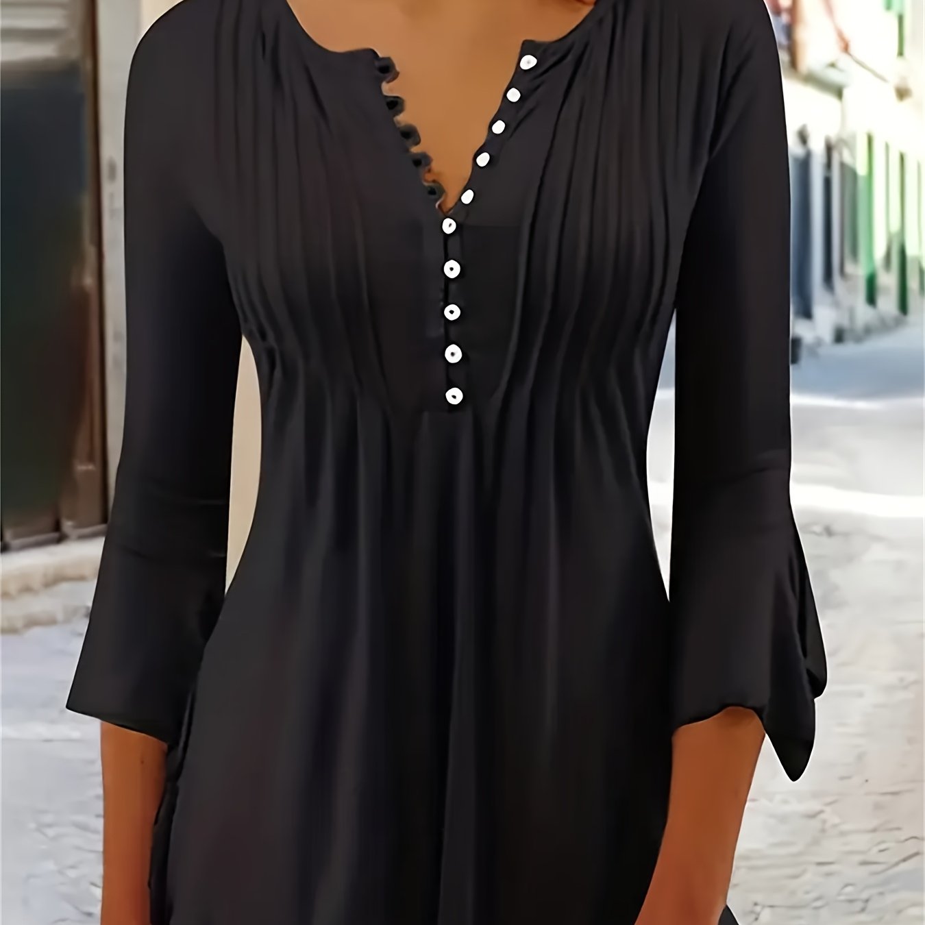 Elegant V-Neck Top Women's Casual Black Blouse with Buttons