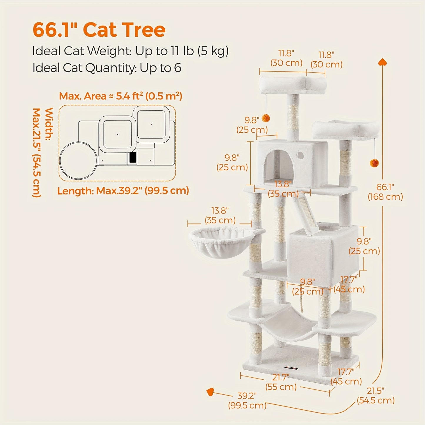 Feandrea 44/66.1in Cat Tree, Large Cat Tower with 13 Scratching Posts, 2 Perches, 2 Caves, Hanging Basket & Hammock, Pompoms, Stable Kitty Play House, Multi-Level Plush Cat Condo for Indoor Cats, Easy to Assemble, Perfect Gif