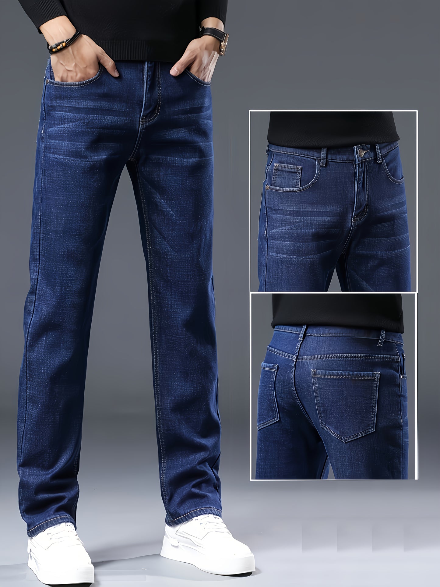 Men'S Classic Straight-Leg Jeans - Suitable for All-Season Business Casual, Black Color, with Stitching Details, Polyester Blend, Machine Washable, Tailored Fit Jeans for Various Casual Outings And Dates.