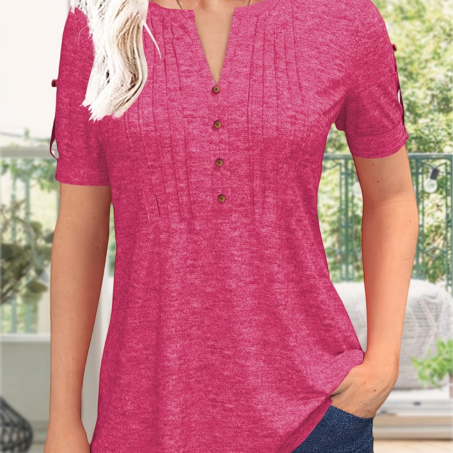 Women's Zipper Summer Pleated Button Short Sleeve T-Shirt