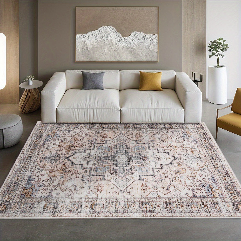 Bohemian Beige Washable Rugs, Ultra Soft Area Rugs, Non Slip Retro Rugs Foldable, Living Room And Bedroom Stain Resistant Rugs