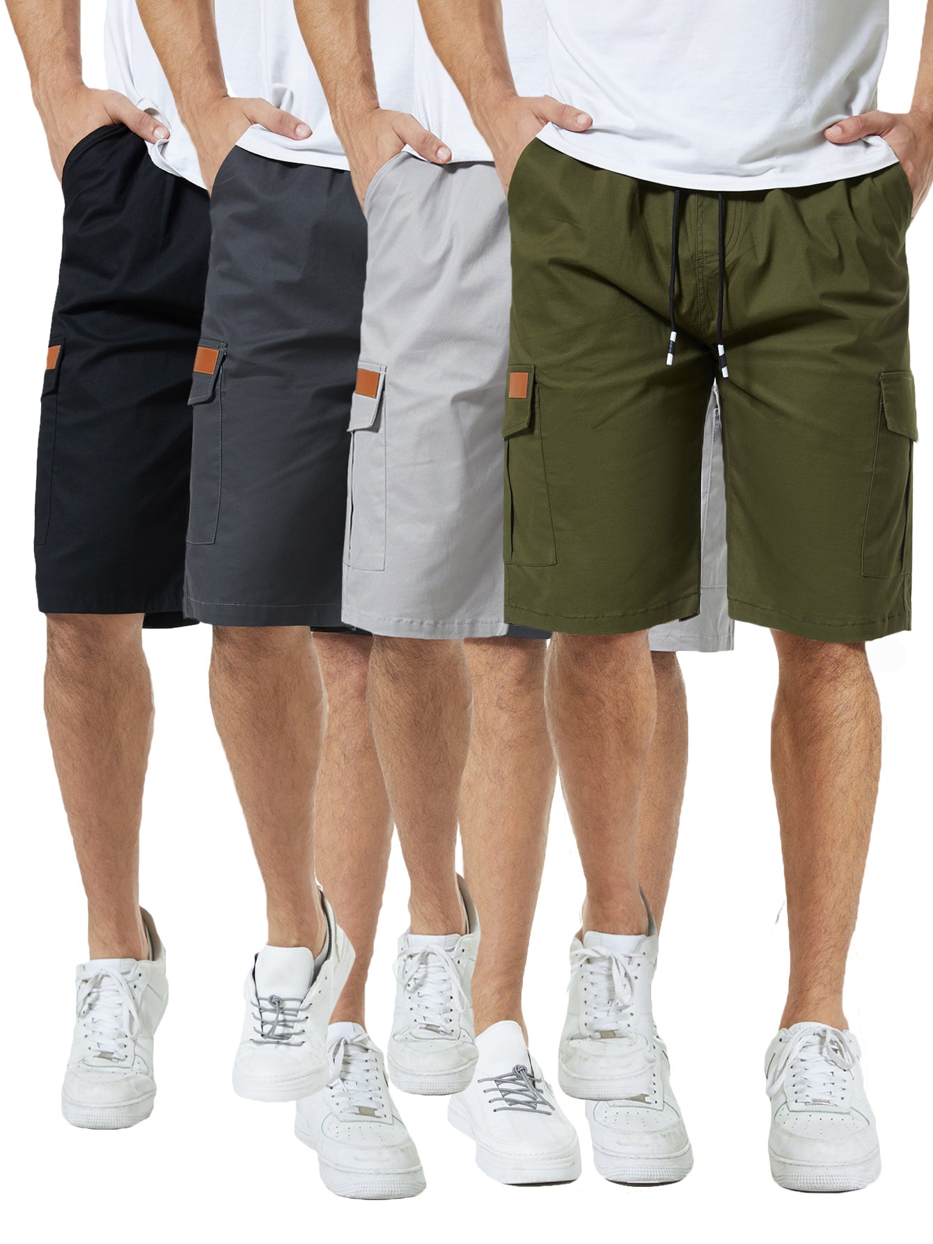 4 Pcs Men's Casual Twill Cargo Shorts Cotton Drawstring Stretch