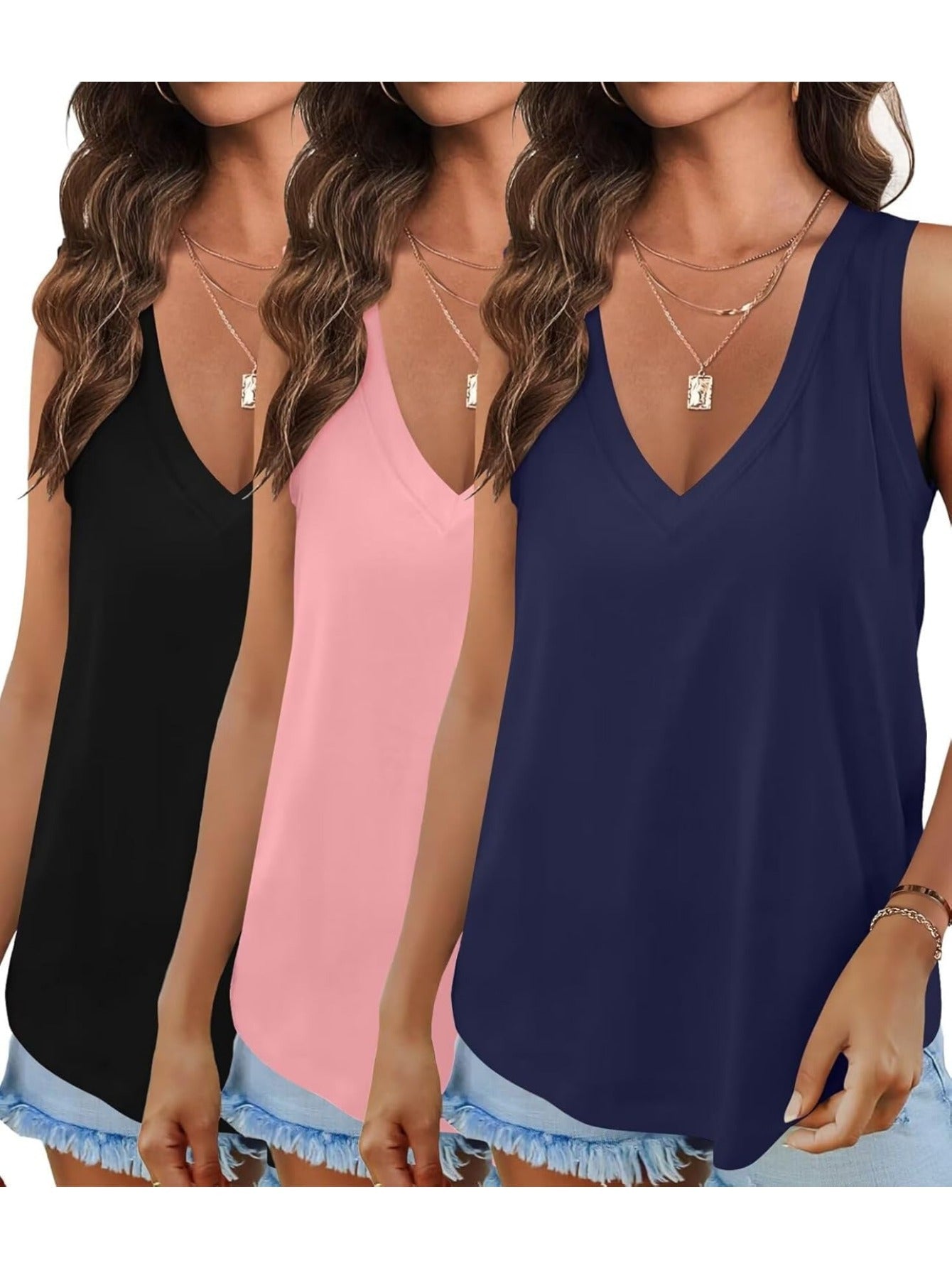 3 Pack Women's Soft Stretchy V-Neck Tank Tops - Casual Wear