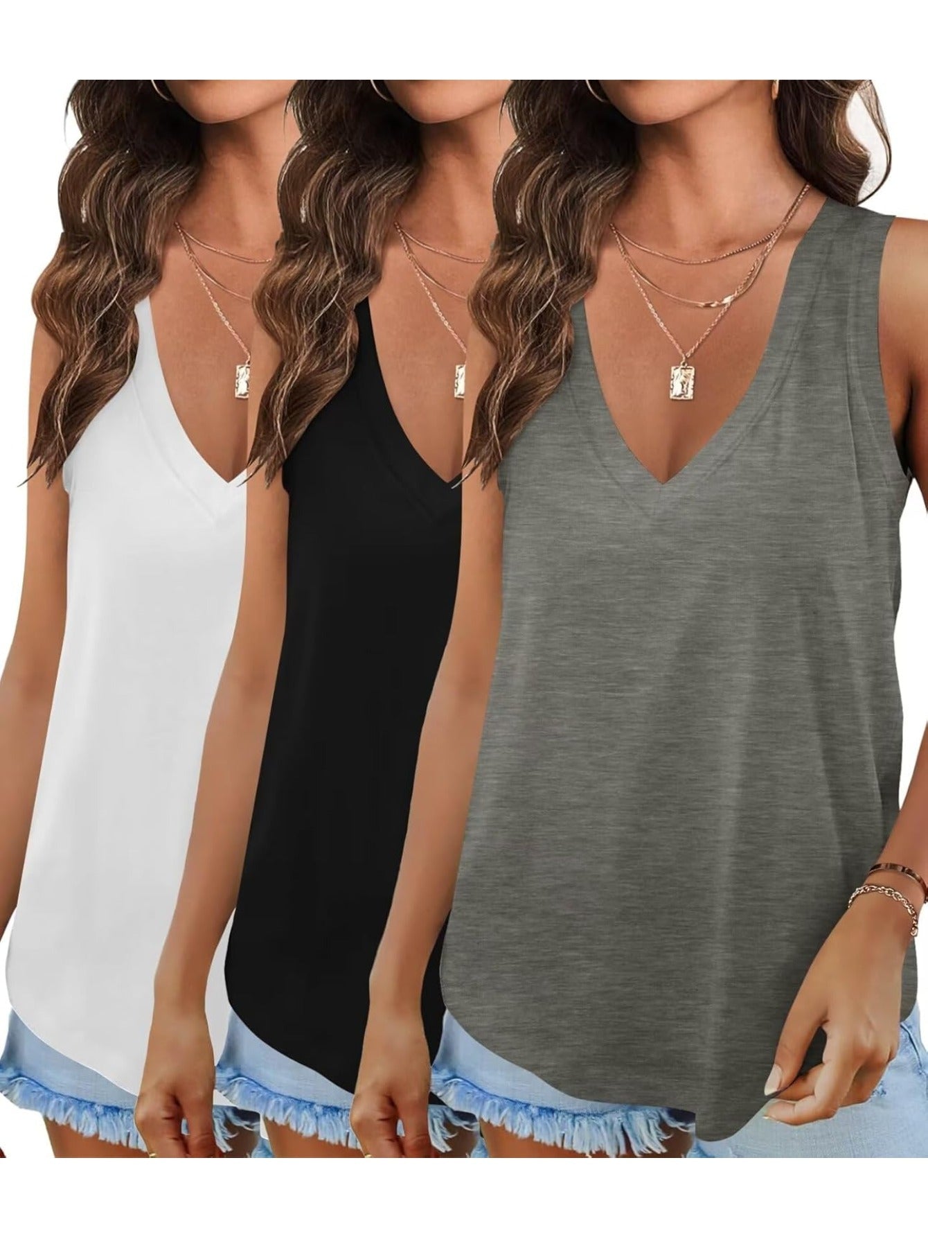 3 Pack Women's Soft Stretchy V-Neck Tank Tops - Casual Wear
