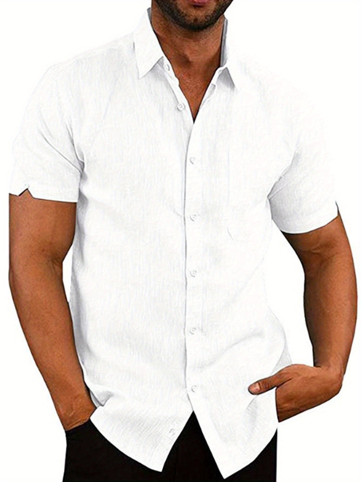 Mens Casual Loose Linen Short Sleeve Shirt Turndown Collar