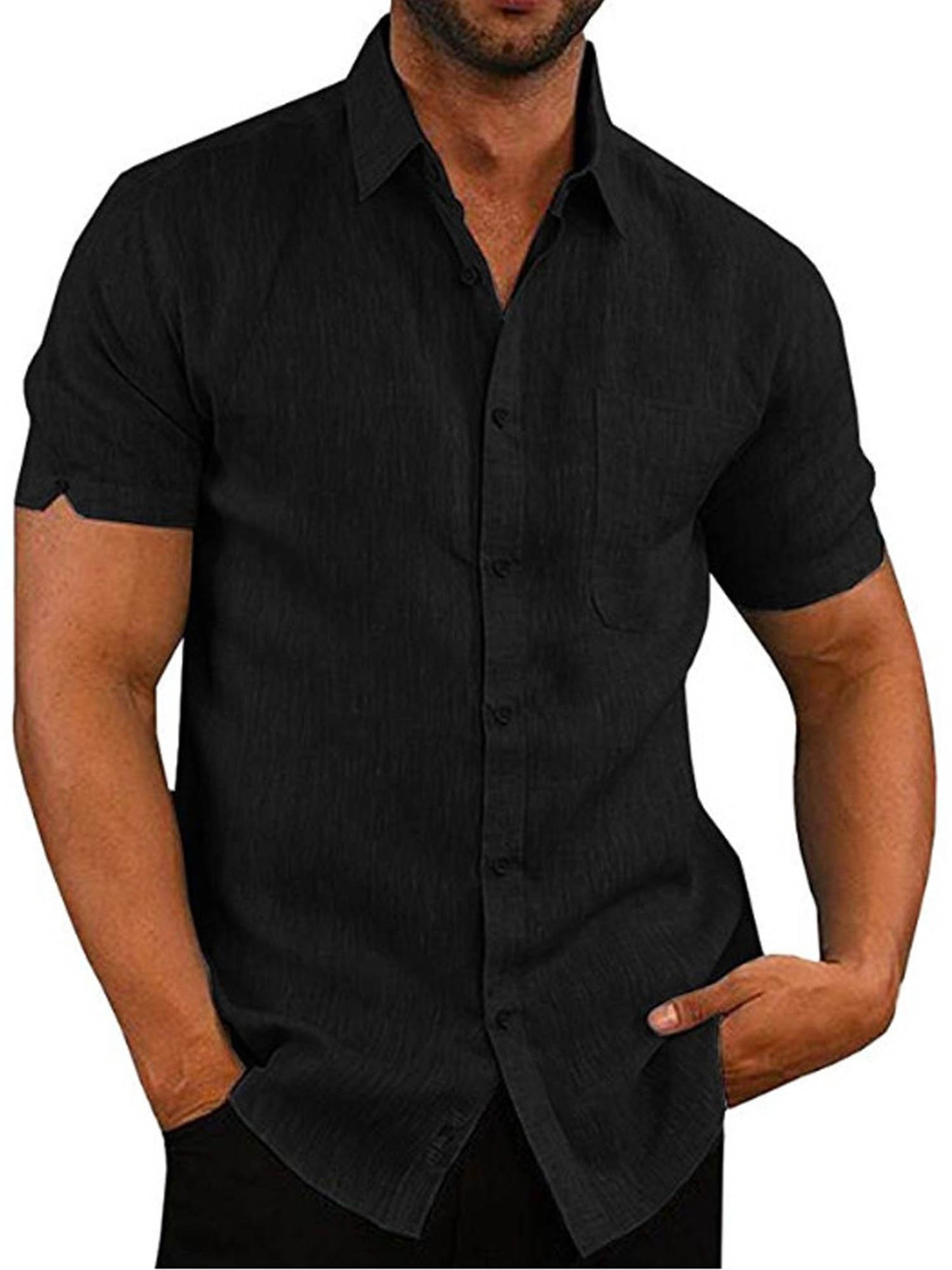 Mens Casual Loose Linen Short Sleeve Shirt Turndown Collar