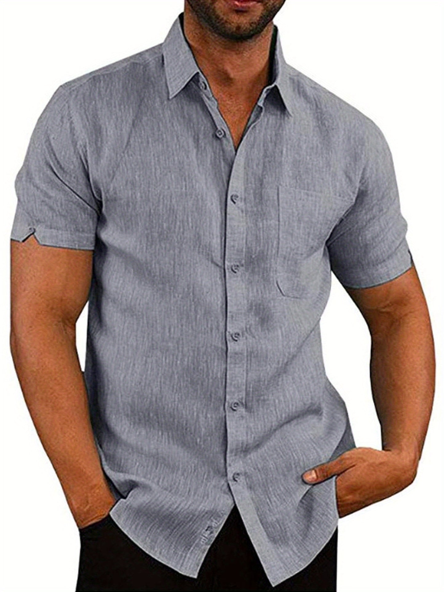 Mens Casual Loose Linen Short Sleeve Shirt Turndown Collar