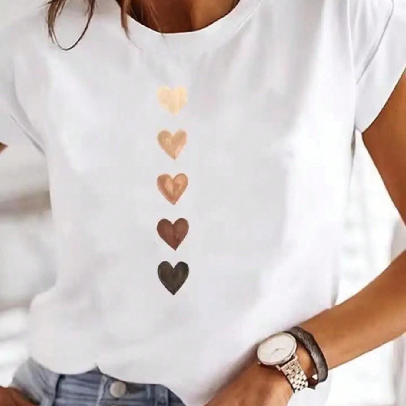 Heart Print Crew Neck T-Shirt, Casual Short Sleeve T-Shirt For Spring & Summer, Women's Clothing Tee For Adult, Men, Women, Teen, Teenager, Adolescent,Youth