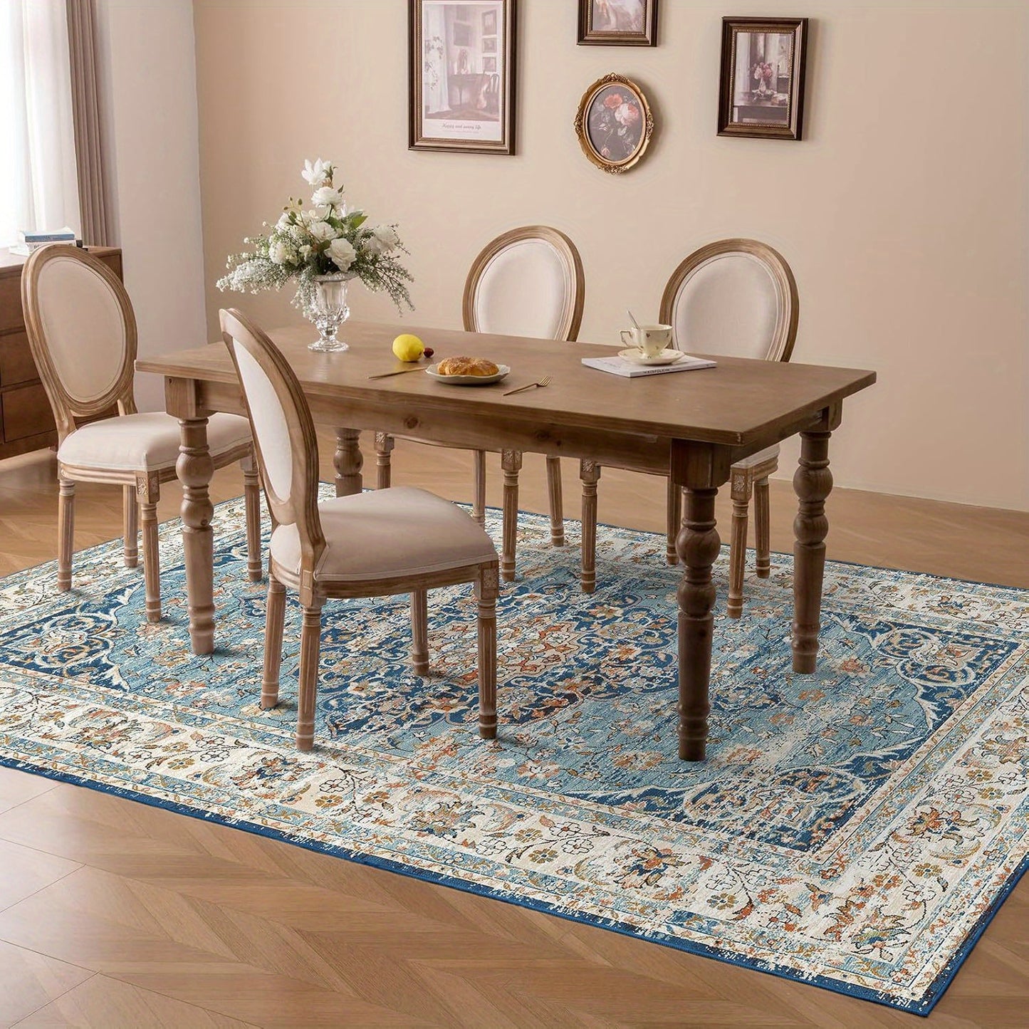 Machine Washable Rug with Non-Slip, Blue Area Rug, Vintage Boho Area Rug for Living Room Bedroom Dining Home Office Rugs