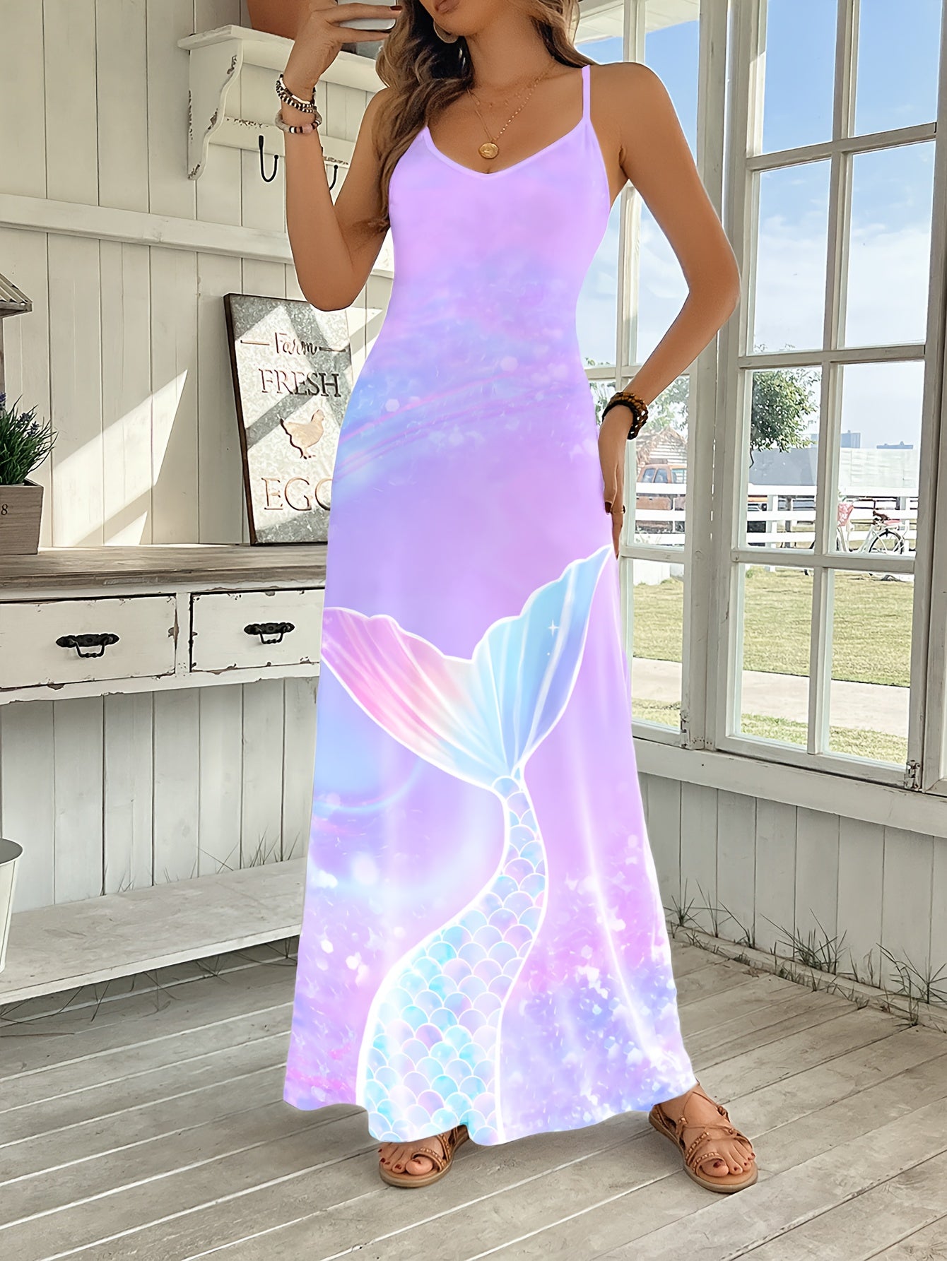 Women's Vibrant Underwater Print V-Neck Cami Maxi Dress - Loose Fit, Long Dress for Spring/Summer Vacation & Casual Outings, Polyester Blend, Machine Washable