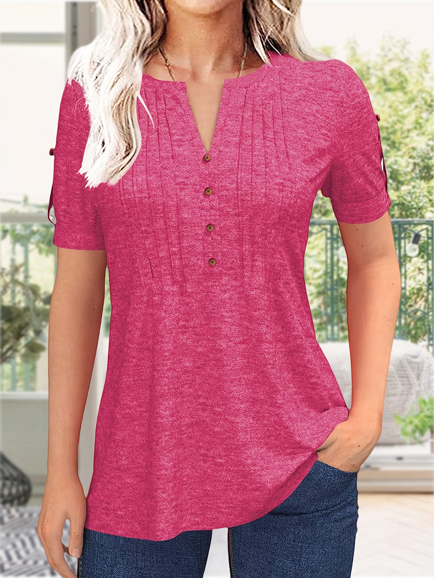 Women's Zipper Summer Pleated Button Short Sleeve T-Shirt