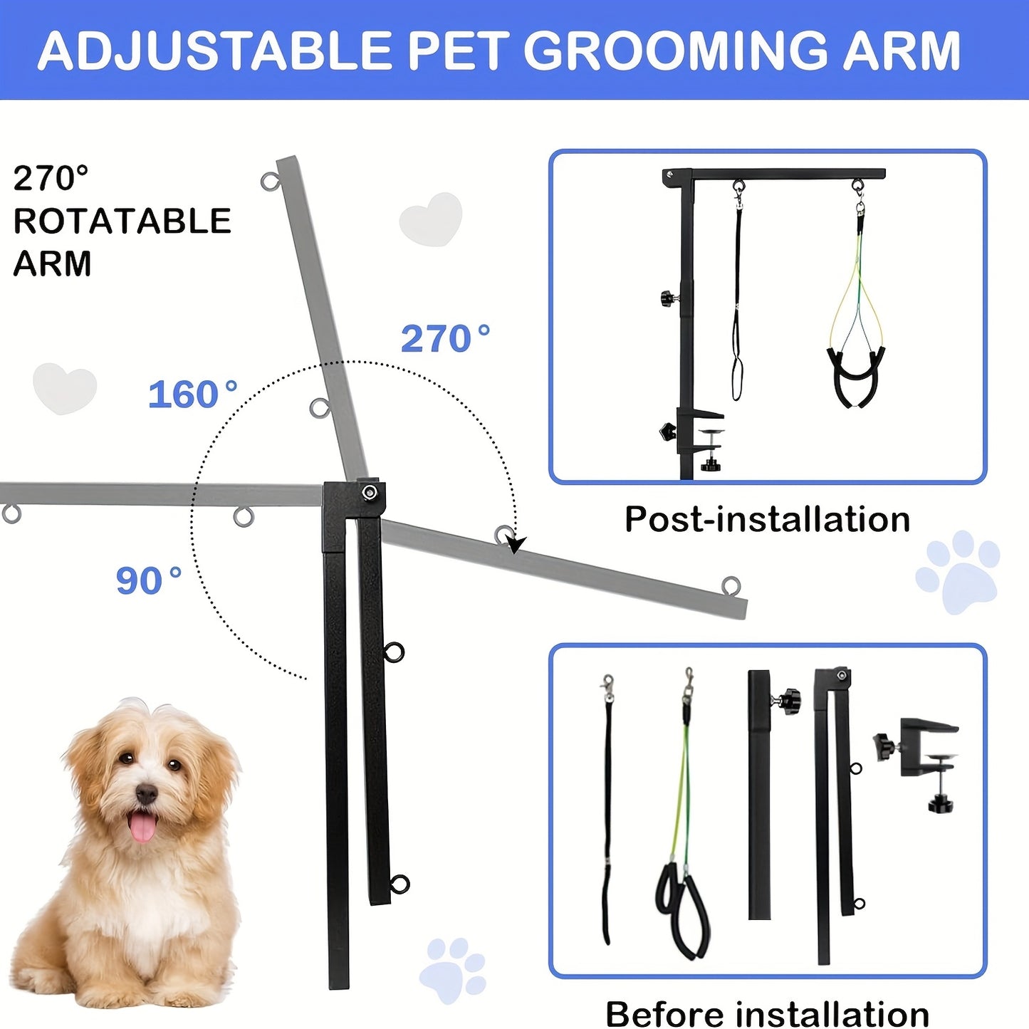 37" Dog Grooming Table Arm Dog Grooming Stand With Loop Noose Foldable Dog Grooming Harness For Small Medium Dogs
