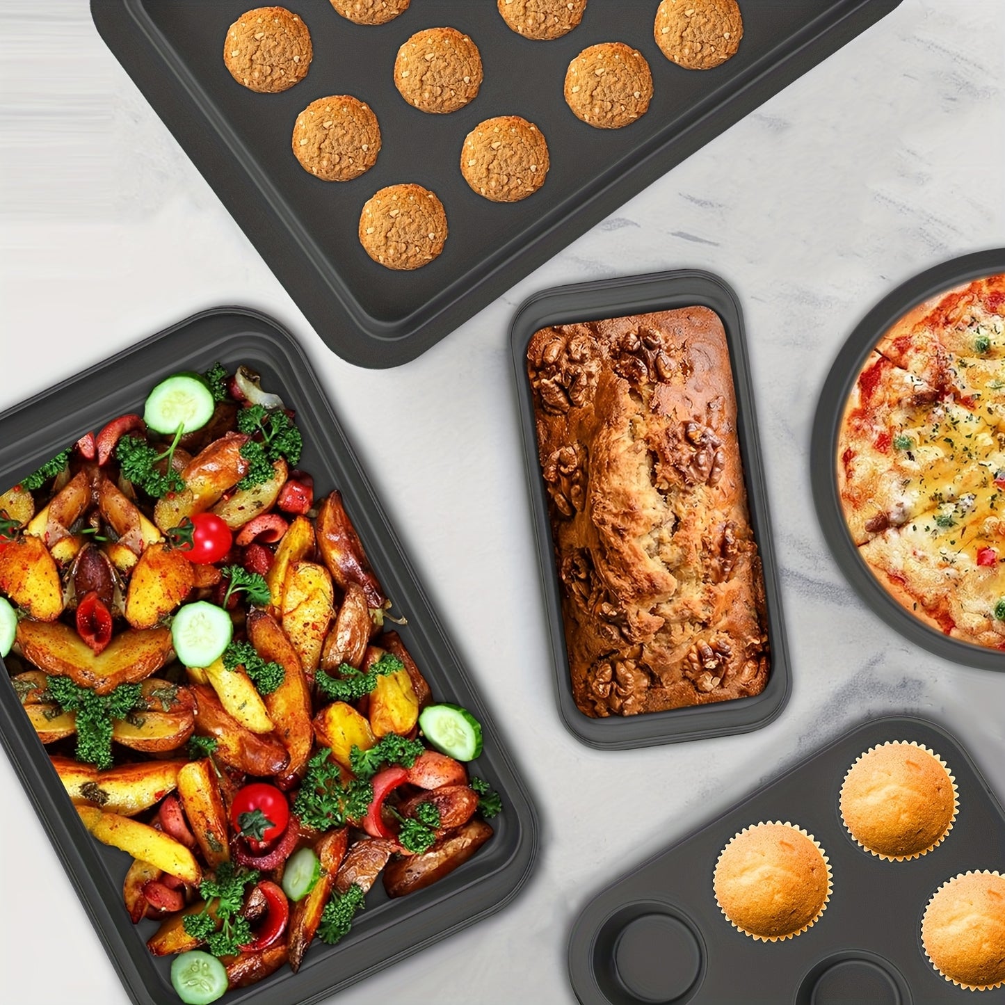 8 Piece Bakeware Pan Set, Nonstick Cookie Sheet, 2 Round Cake Pans, Square Pan, Bread Pan, Baking Pan, Pizza Pan, Cookie Sheet, 12 Cup Muffin Pan for Oven, Kitchen Cookware Sets Baking Supplies, Black