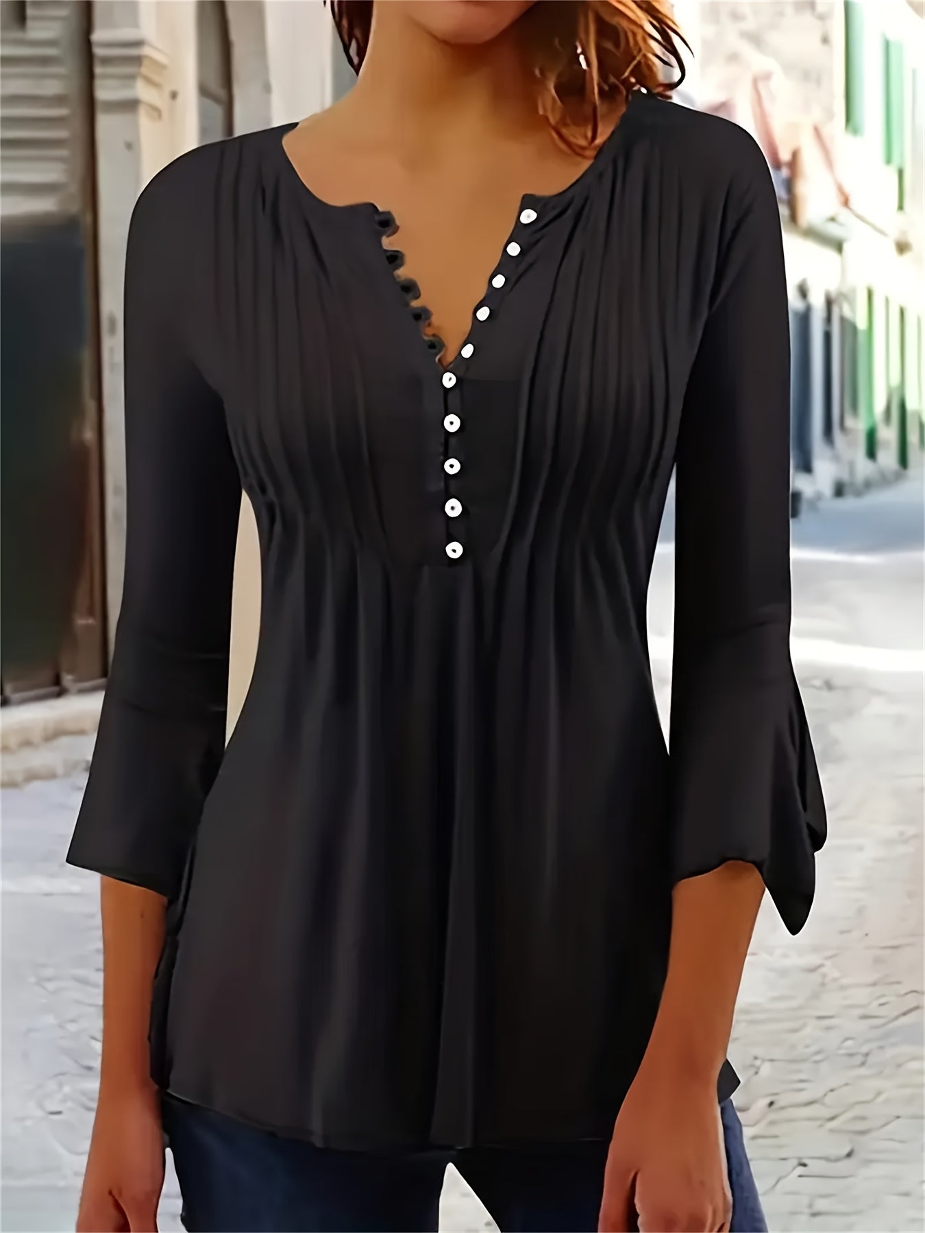 Elegant V-Neck Top Women's Casual Black Blouse with Buttons