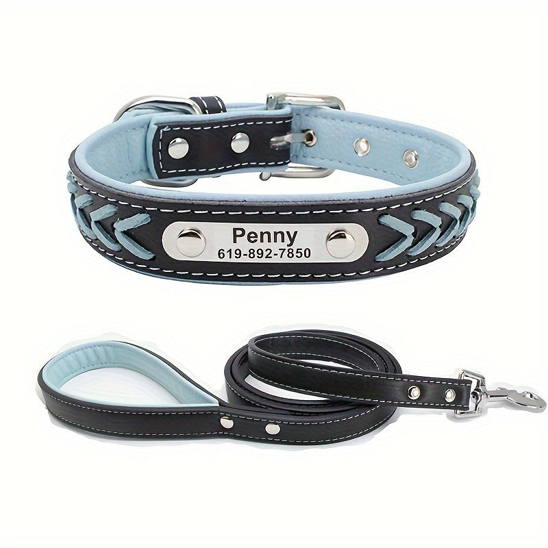 Personalized Dog Collar With Leash Set - Engraved Name Plate - Reflective Leather Dog Collar Custom Small Medium Or Large Size Dogs Cats