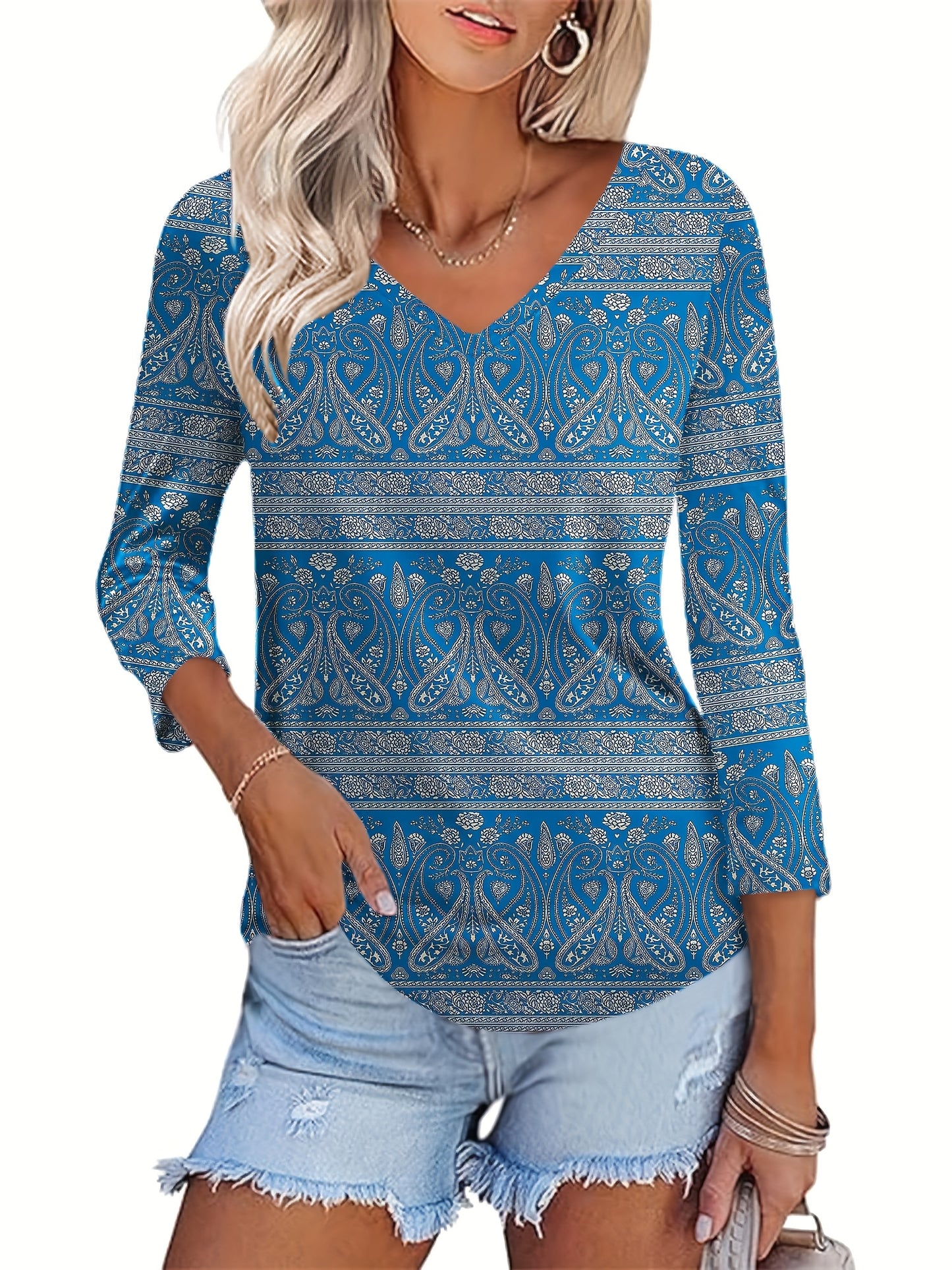Women's Floral Print V-Neck 3/4 Sleeve T-Shirt - Black & White Contrast, Breathable Fabric, Elegant Casual Versatile Top for Spring Summer Fall, Machine Washable, Seasonal Fashion | Soft Texture Shirt, Ladies T Shirts