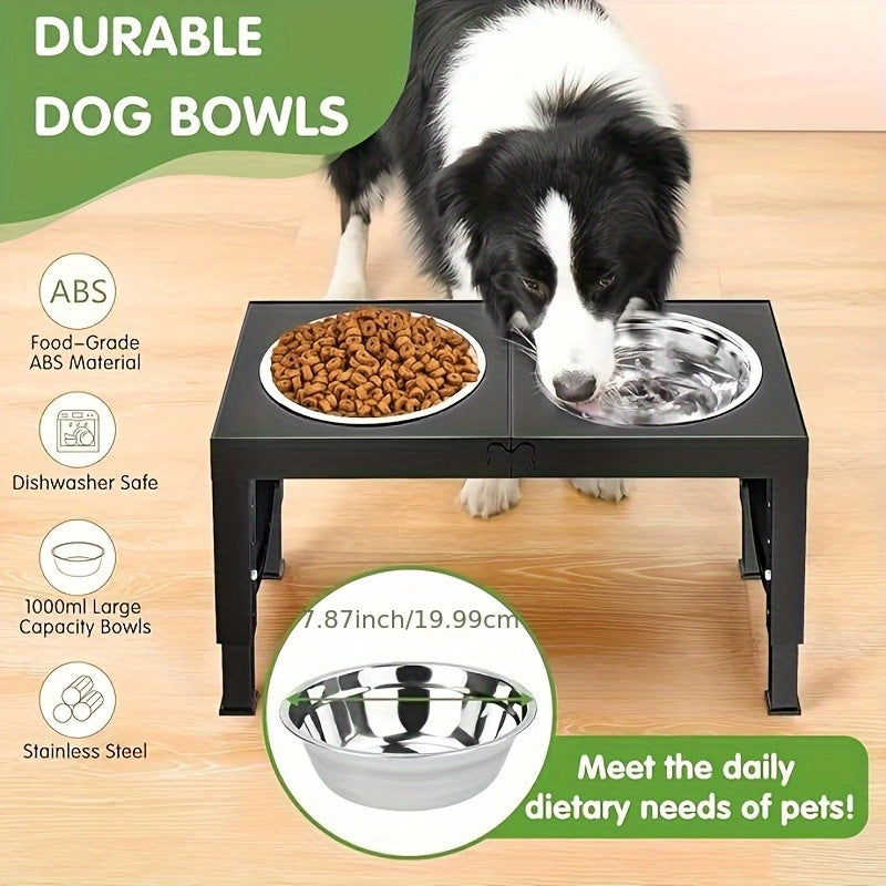 Elevated Dog Bowl, Foldable Pet Food Bowl Holder, Raised Dog Bowls Stand Set With 2 Stainless Steel Bowls, Raised Pet Feeder Adjusts To 4 Heights 9/11/12/14in, Non-Slip Dog Food Water Bowls Pet Dish Station For Large Medium S