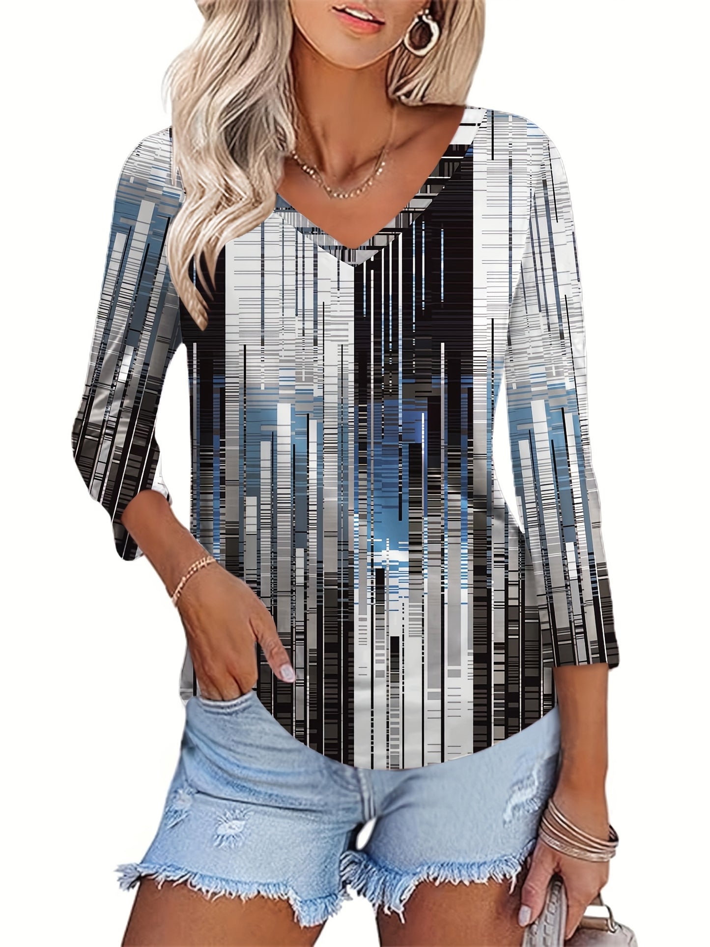 Women's Floral Print V-Neck 3/4 Sleeve T-Shirt - Black & White Contrast, Breathable Fabric, Elegant Casual Versatile Top for Spring Summer Fall, Machine Washable, Seasonal Fashion | Soft Texture Shirt, Ladies T Shirts