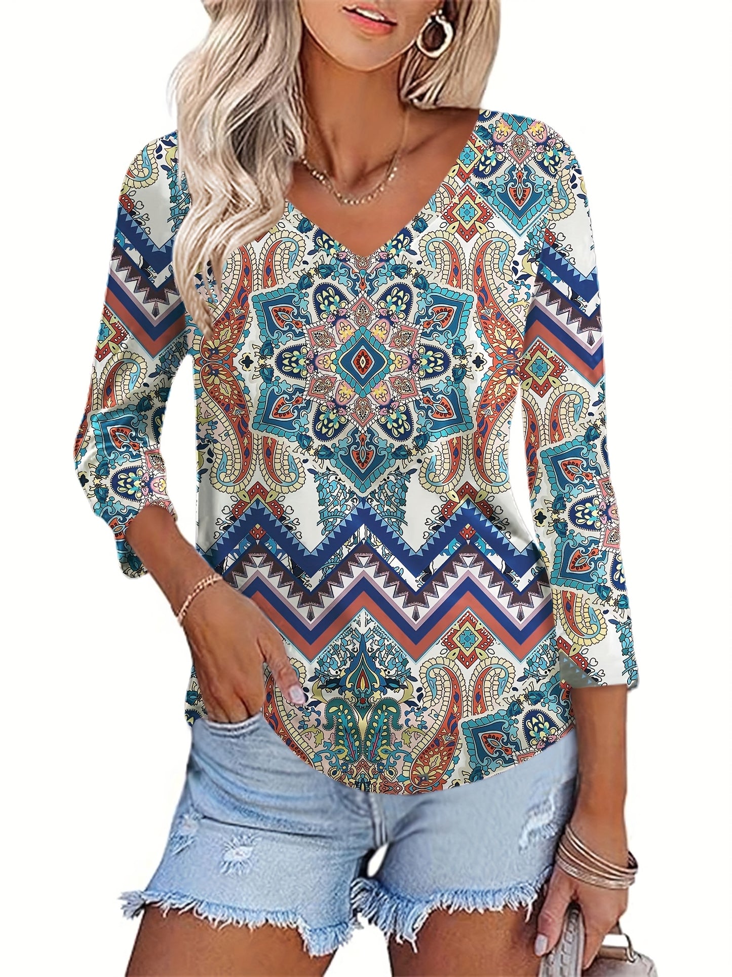 Women's Floral Print V-Neck 3/4 Sleeve T-Shirt - Black & White Contrast, Breathable Fabric, Elegant Casual Versatile Top for Spring Summer Fall, Machine Washable, Seasonal Fashion | Soft Texture Shirt, Ladies T Shirts
