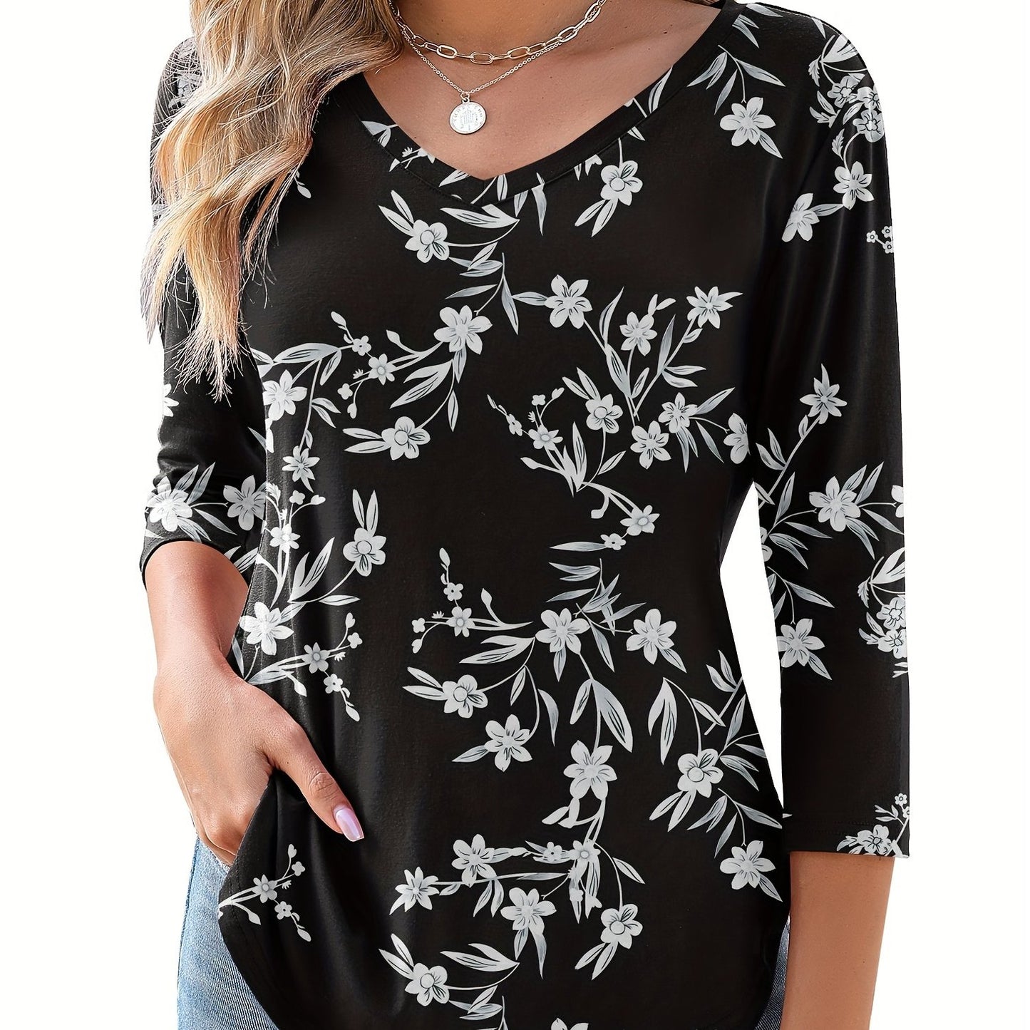 Women's Floral Print V-Neck 3/4 Sleeve T-Shirt - Black & White Contrast, Breathable Fabric, Elegant Casual Versatile Top for Spring Summer Fall, Machine Washable, Seasonal Fashion | Soft Texture Shirt, Ladies T Shirts