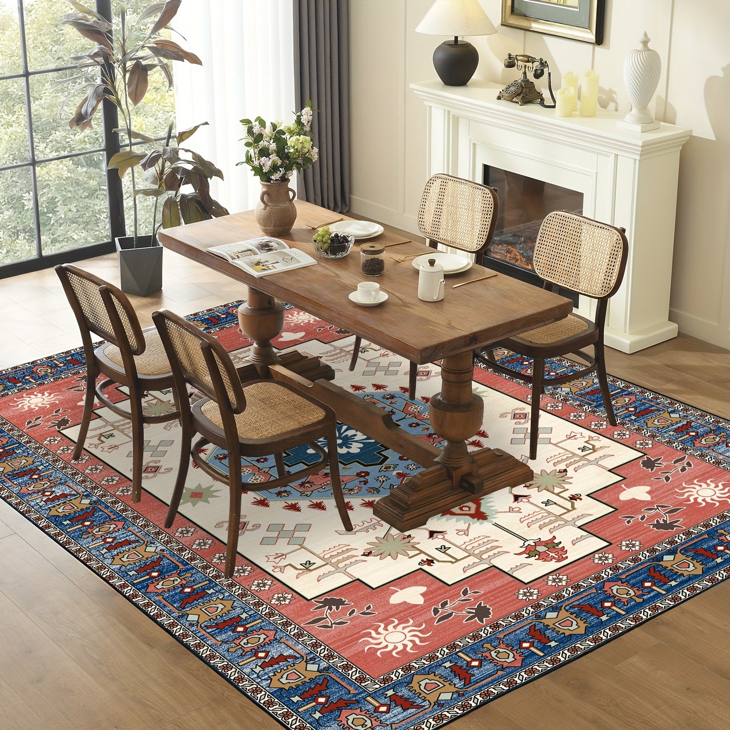 Machine Washable Rug with Non-Slip, Blue Area Rug, Vintage Boho Area Rug for Living Room Bedroom Dining Home Office Rugs