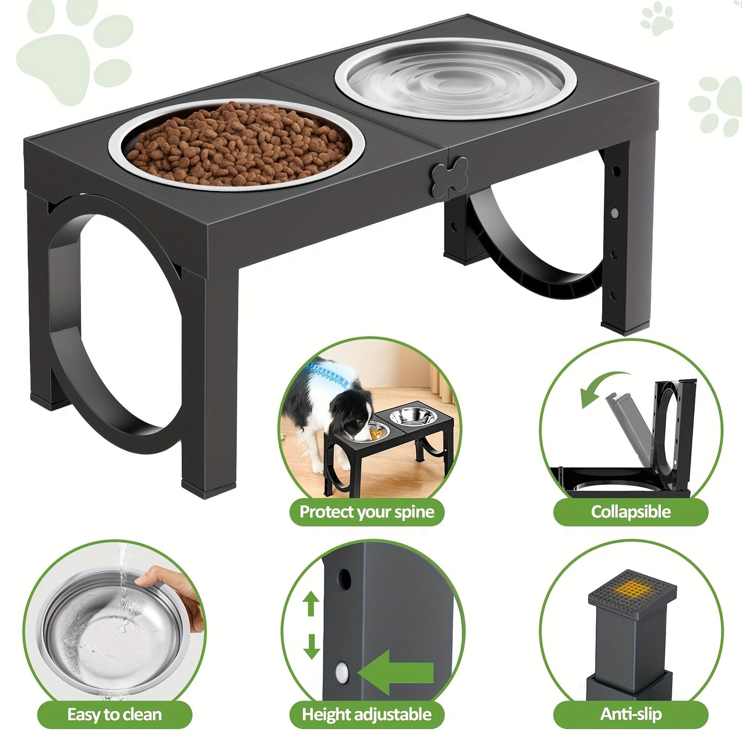 Elevated Dog Bowl, Foldable Pet Food Bowl Holder, Raised Dog Bowls Stand Set With 2 Stainless Steel Bowls, Raised Pet Feeder Adjusts To 4 Heights 9/11/12/14in, Non-Slip Dog Food Water Bowls Pet Dish Station For Large Medium S