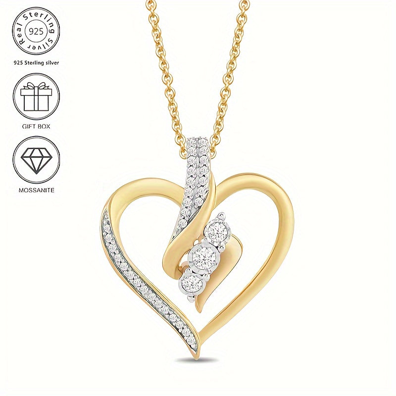 1pc Classy Luxury 925 Sterling Silvery Moissanite Heart Pendant Necklace Plated with 18K Golden, Suitable for Wedding Banquet Jewelry Decoration, Gift for Wife and Girlfriend, Includes Exquisite Velvet Gift Box