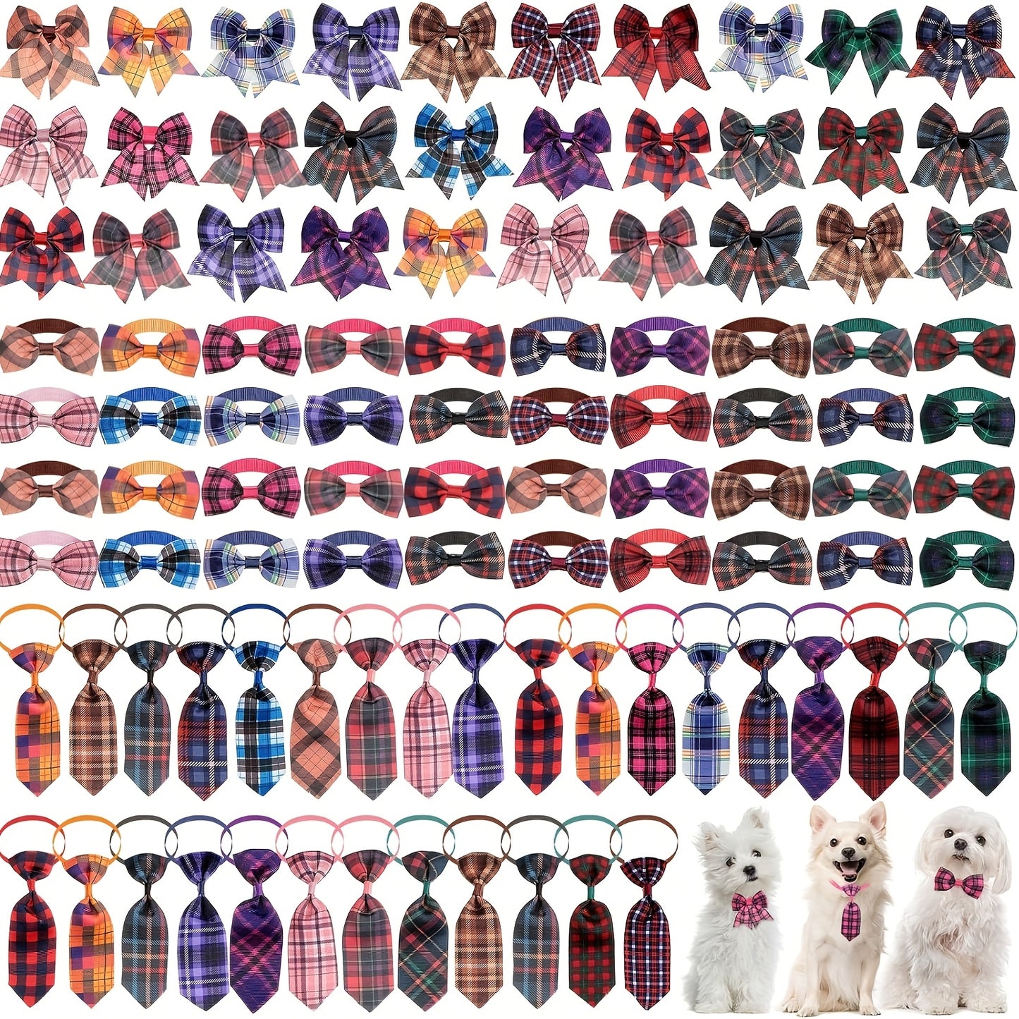 100pcs Plaid Dog Bow Tie Collar Set For Small Medium Dogs
