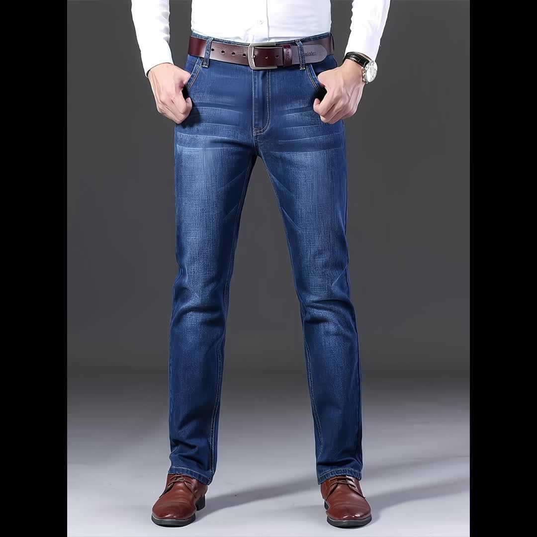 Men'S Classic Straight-Leg Jeans - Suitable for All-Season Business Casual, Black Color, with Stitching Details, Polyester Blend, Machine Washable, Tailored Fit Jeans for Various Casual Outings And Dates.