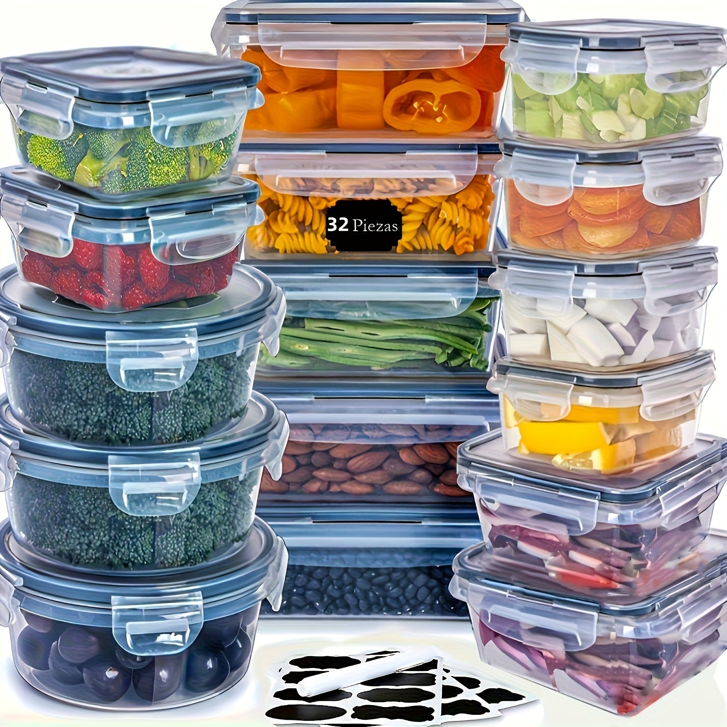 32pcs Food Storage Container Set, Fresh-Keeping Boxes, Easy-to-Secure Lids (16 Lids + 16Containers)- Airtight Plastic Containers, Suitable For Pantry, Travel, Outdoor Picnics, Kitchen Organization, Comes With Labels And Marke