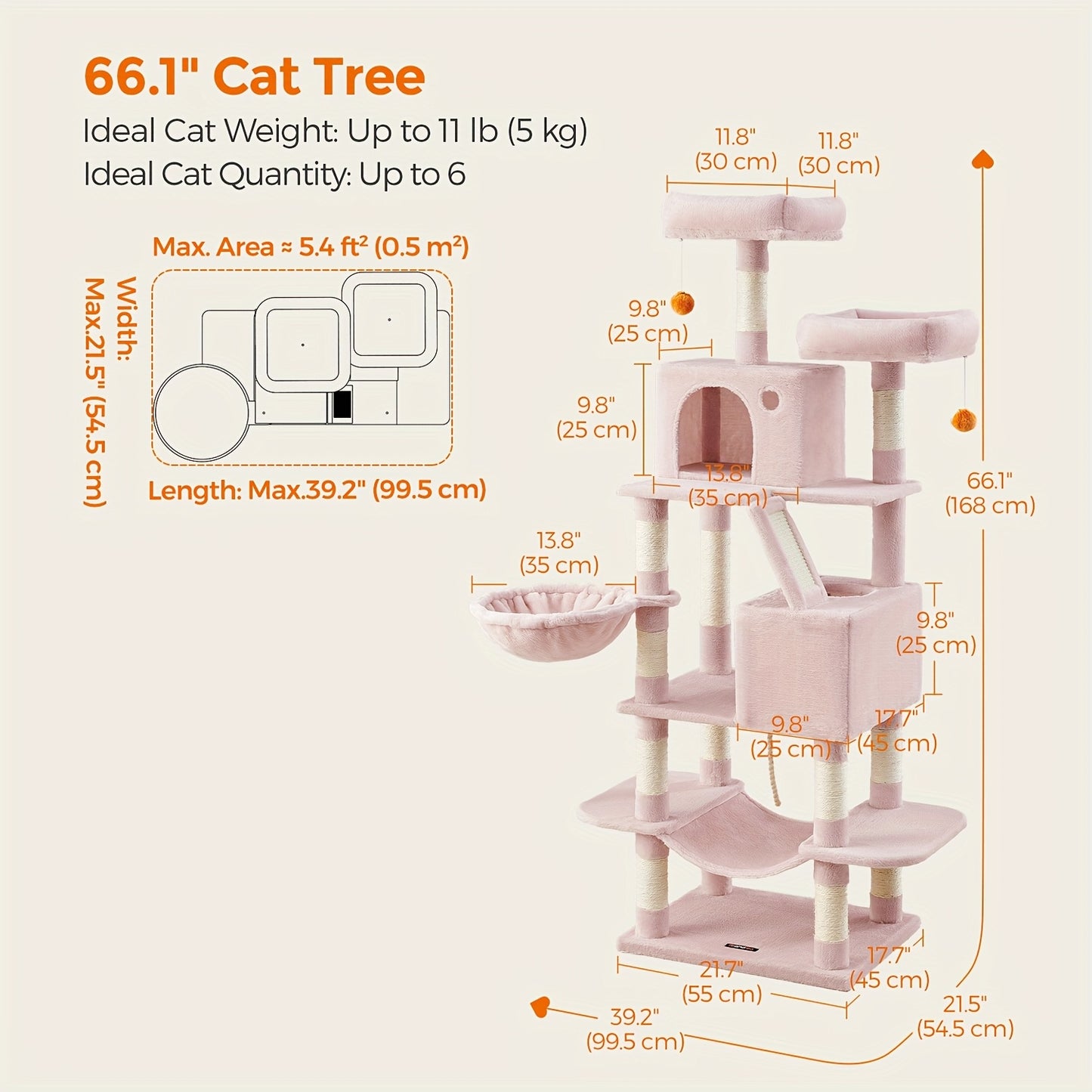 Feandrea 44/66.1in Cat Tree, Large Cat Tower with 13 Scratching Posts, 2 Perches, 2 Caves, Hanging Basket & Hammock, Pompoms, Stable Kitty Play House, Multi-Level Plush Cat Condo for Indoor Cats, Easy to Assemble, Perfect Gif