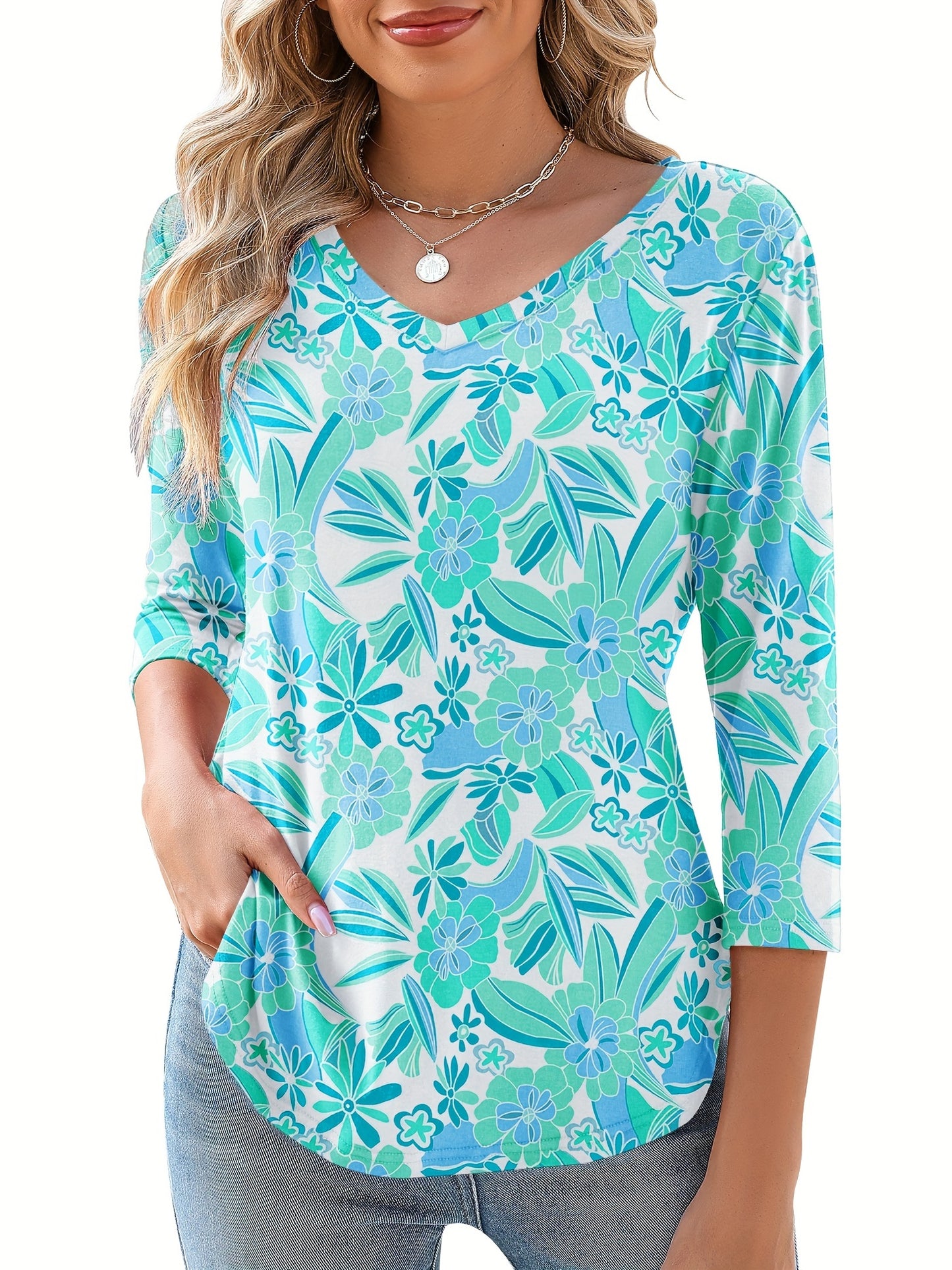 Women's Floral Print V-Neck 3/4 Sleeve T-Shirt - Black & White Contrast, Breathable Fabric, Elegant Casual Versatile Top for Spring Summer Fall, Machine Washable, Seasonal Fashion | Soft Texture Shirt, Ladies T Shirts