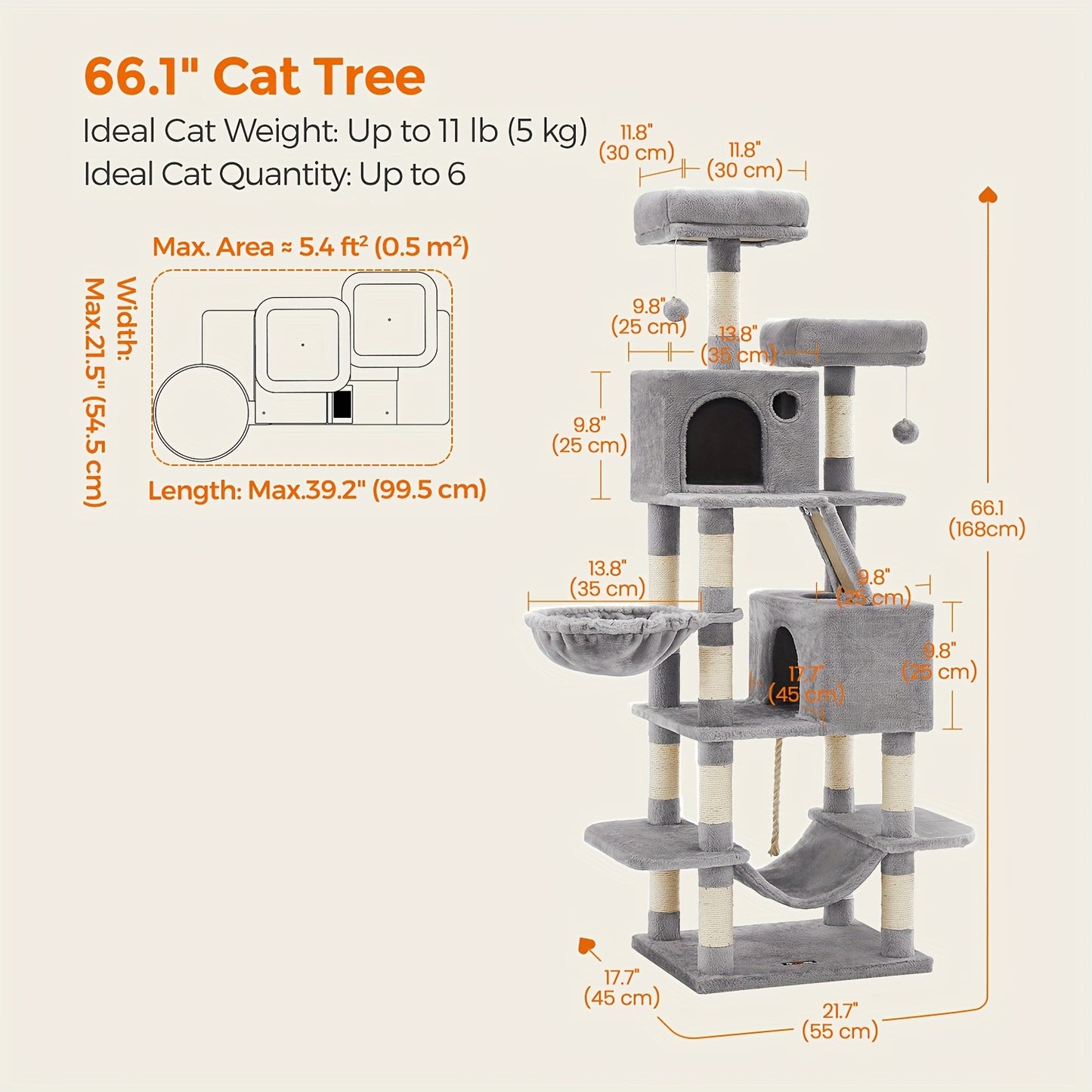 Feandrea 44/66.1in Cat Tree, Large Cat Tower with 13 Scratching Posts, 2 Perches, 2 Caves, Hanging Basket & Hammock, Pompoms, Stable Kitty Play House, Multi-Level Plush Cat Condo for Indoor Cats, Easy to Assemble, Perfect Gif