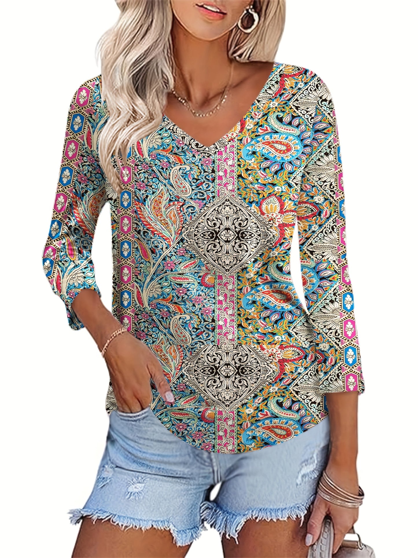 Women's Floral Print V-Neck 3/4 Sleeve T-Shirt - Black & White Contrast, Breathable Fabric, Elegant Casual Versatile Top for Spring Summer Fall, Machine Washable, Seasonal Fashion | Soft Texture Shirt, Ladies T Shirts