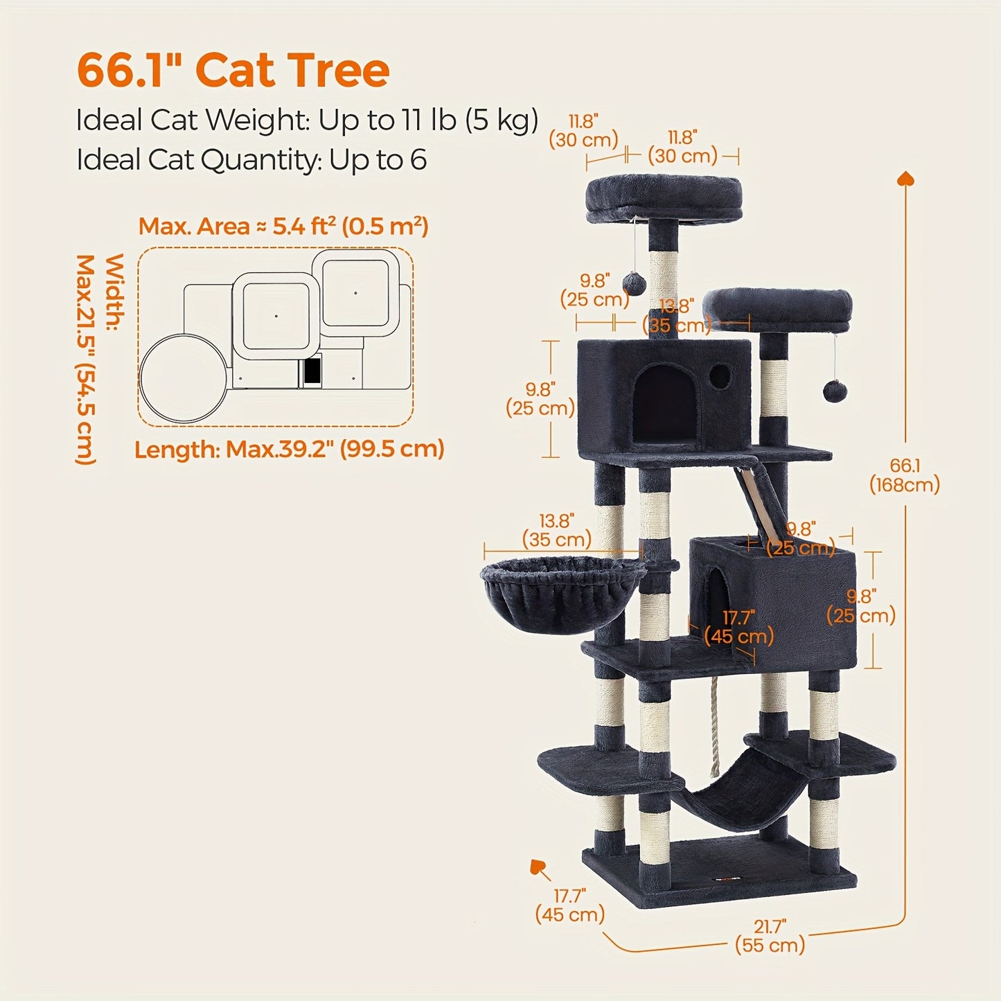 Feandrea 44/66.1in Cat Tree, Large Cat Tower with 13 Scratching Posts, 2 Perches, 2 Caves, Hanging Basket & Hammock, Pompoms, Stable Kitty Play House, Multi-Level Plush Cat Condo for Indoor Cats, Easy to Assemble, Perfect Gif