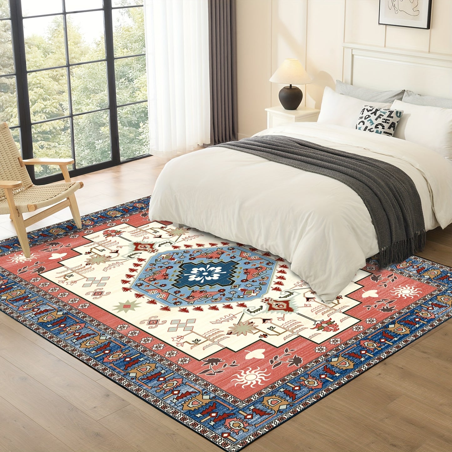 Machine Washable Rug with Non-Slip, Blue Area Rug, Vintage Boho Area Rug for Living Room Bedroom Dining Home Office Rugs