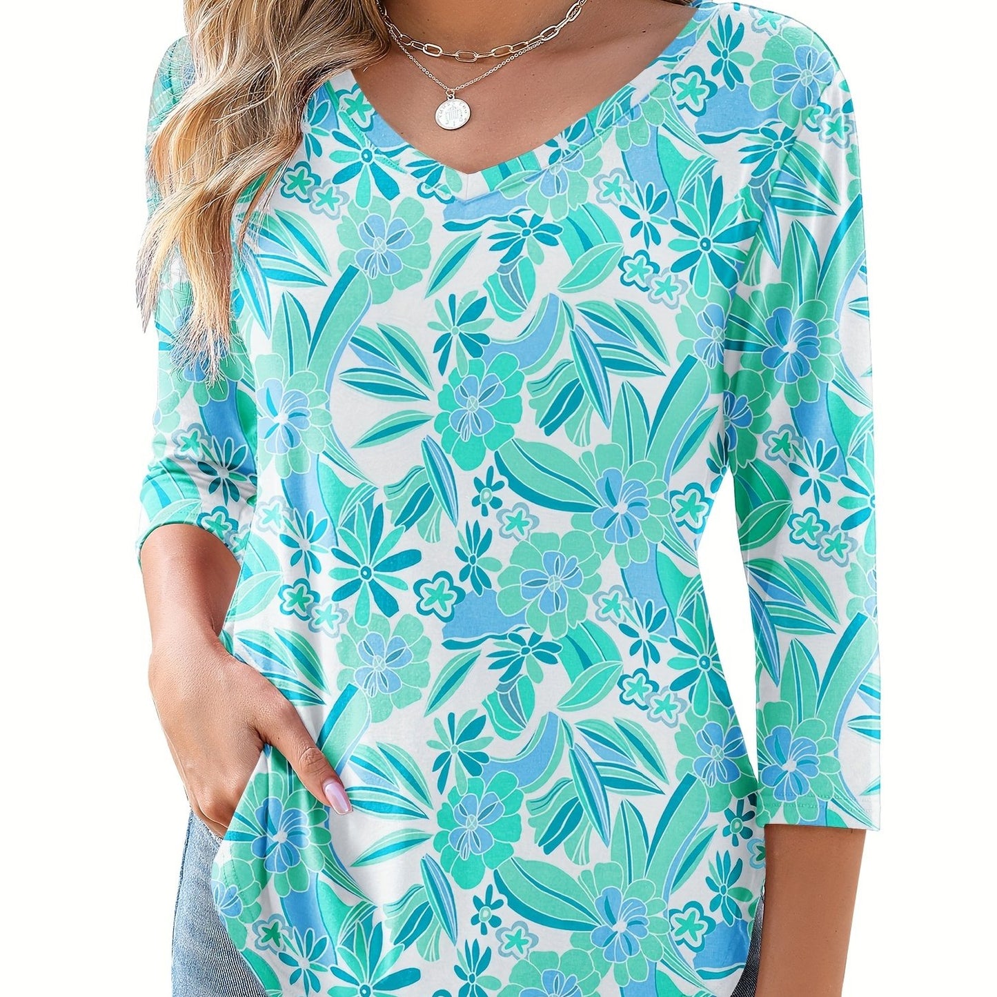 Women's Floral Print V-Neck 3/4 Sleeve T-Shirt - Black & White Contrast, Breathable Fabric, Elegant Casual Versatile Top for Spring Summer Fall, Machine Washable, Seasonal Fashion | Soft Texture Shirt, Ladies T Shirts