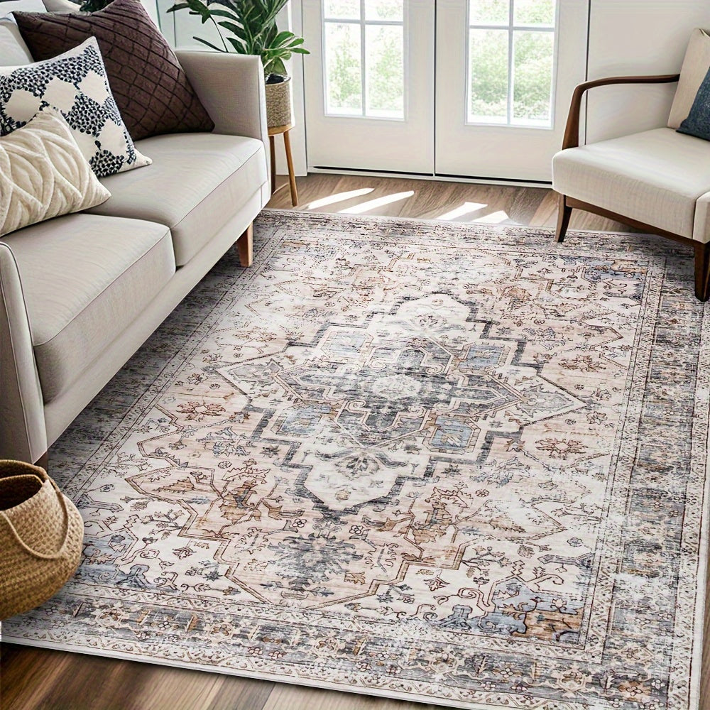 Bohemian Beige Washable Rugs, Ultra Soft Area Rugs, Non Slip Retro Rugs Foldable, Living Room And Bedroom Stain Resistant Rugs