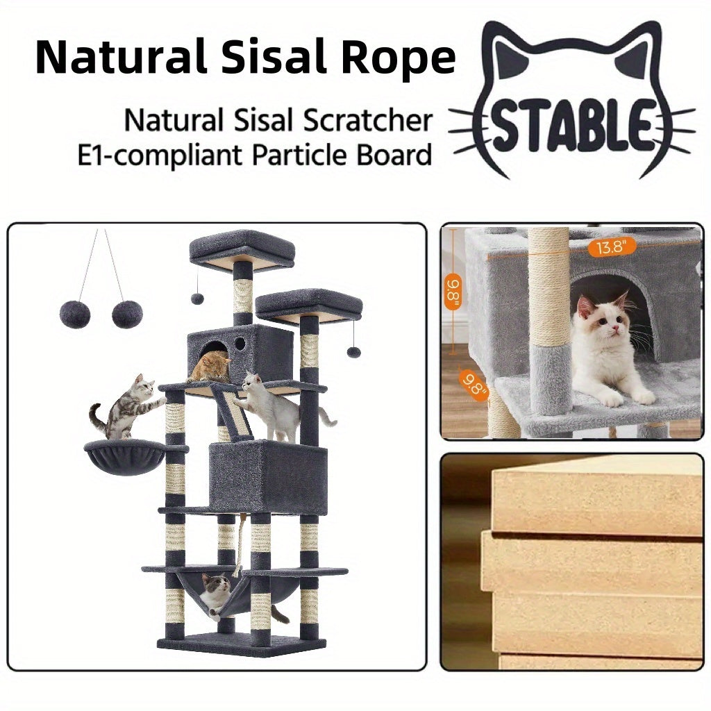 Feandrea 44/66.1in Cat Tree, Large Cat Tower with 13 Scratching Posts, 2 Perches, 2 Caves, Hanging Basket & Hammock, Pompoms, Stable Kitty Play House, Multi-Level Plush Cat Condo for Indoor Cats, Easy to Assemble, Perfect Gif