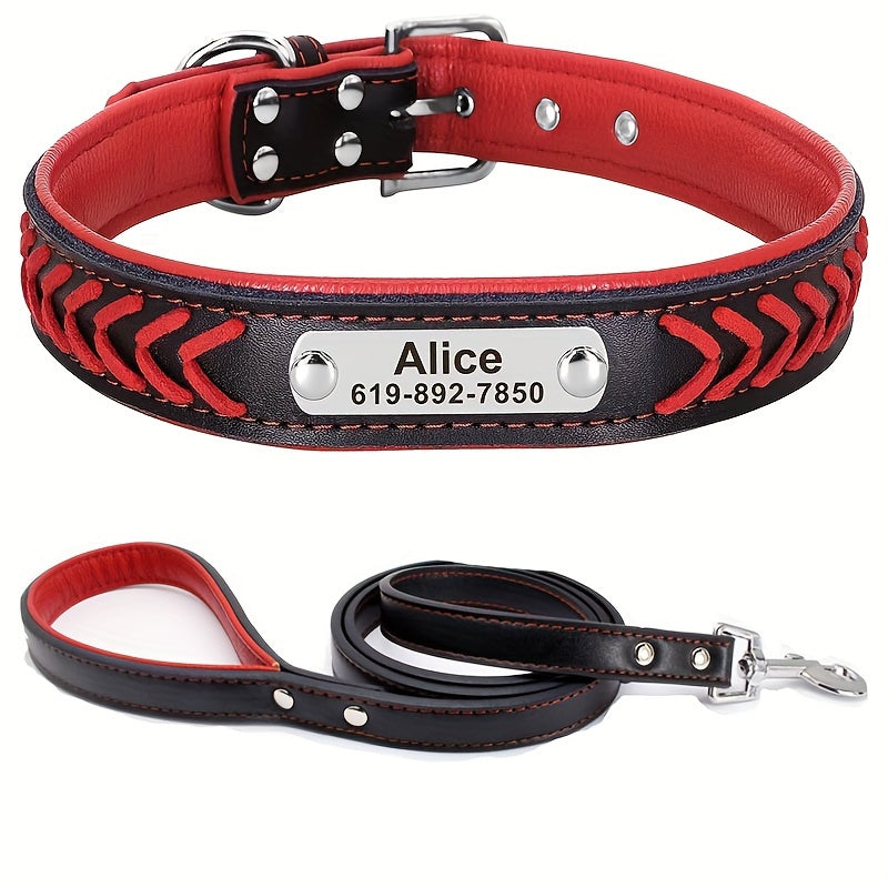 Personalized Dog Collar With Leash Set - Engraved Name Plate - Reflective Leather Dog Collar Custom Small Medium Or Large Size Dogs Cats