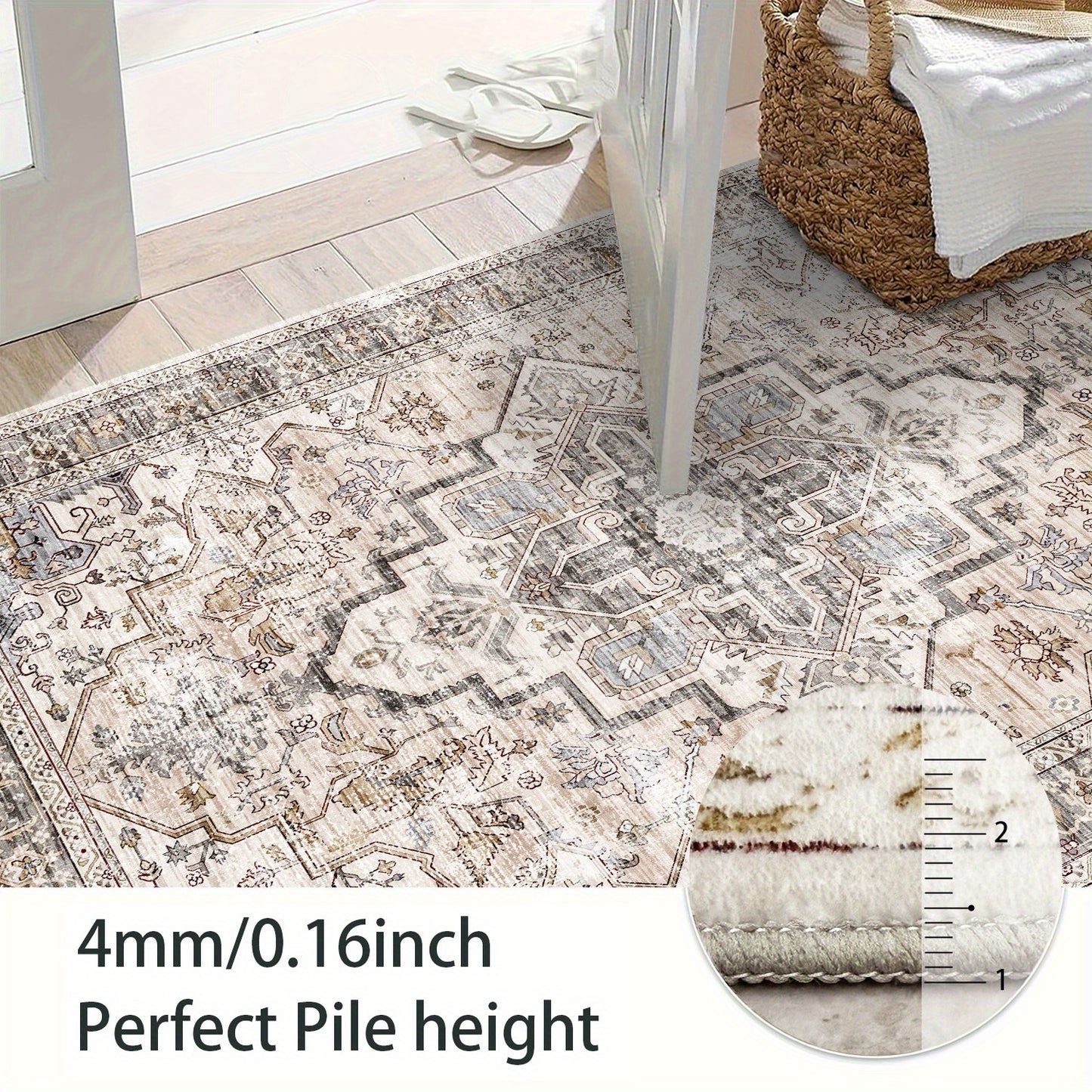 Bohemian Beige Washable Rugs, Ultra Soft Area Rugs, Non Slip Retro Rugs Foldable, Living Room And Bedroom Stain Resistant Rugs