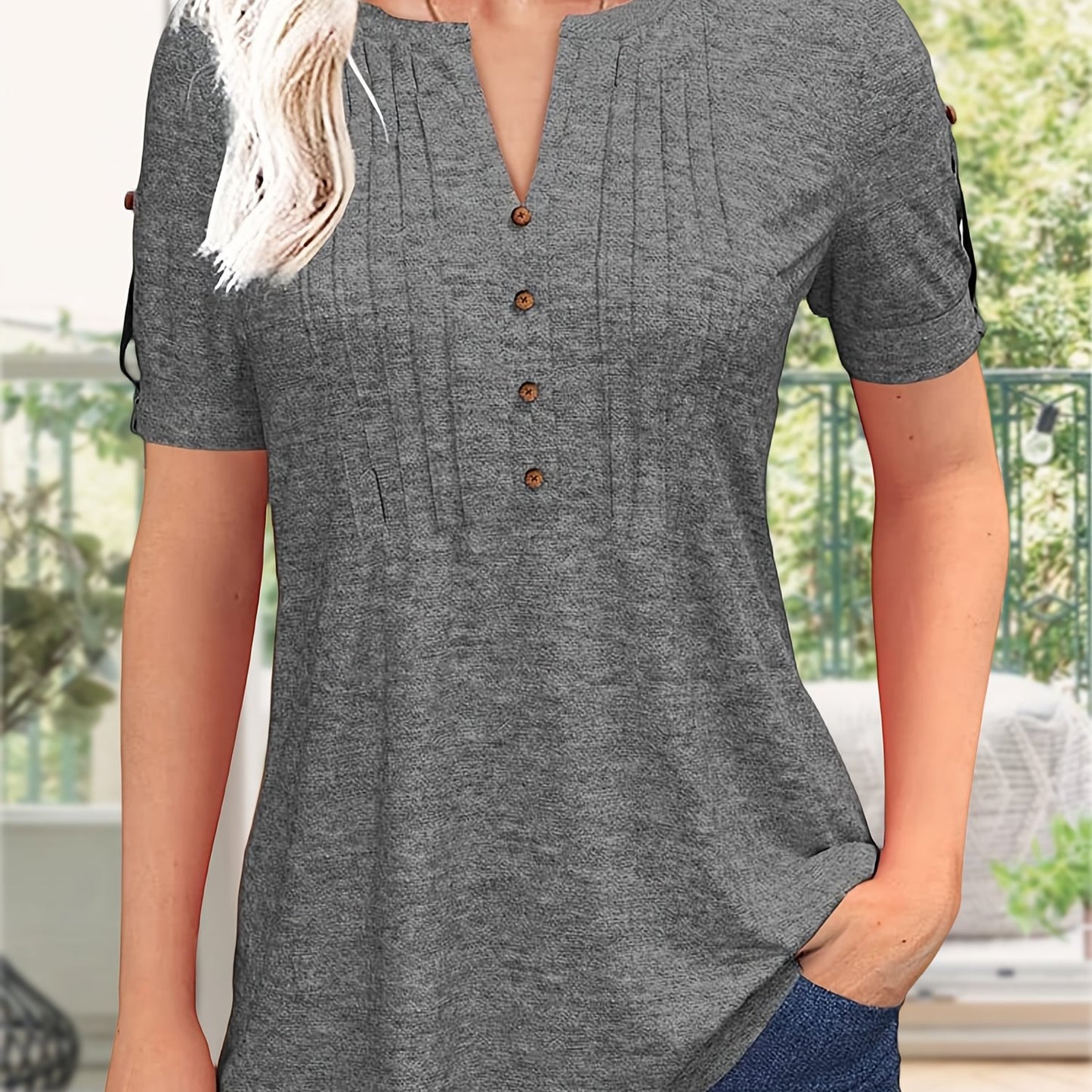 Women's Zipper Summer Pleated Button Short Sleeve T-Shirt