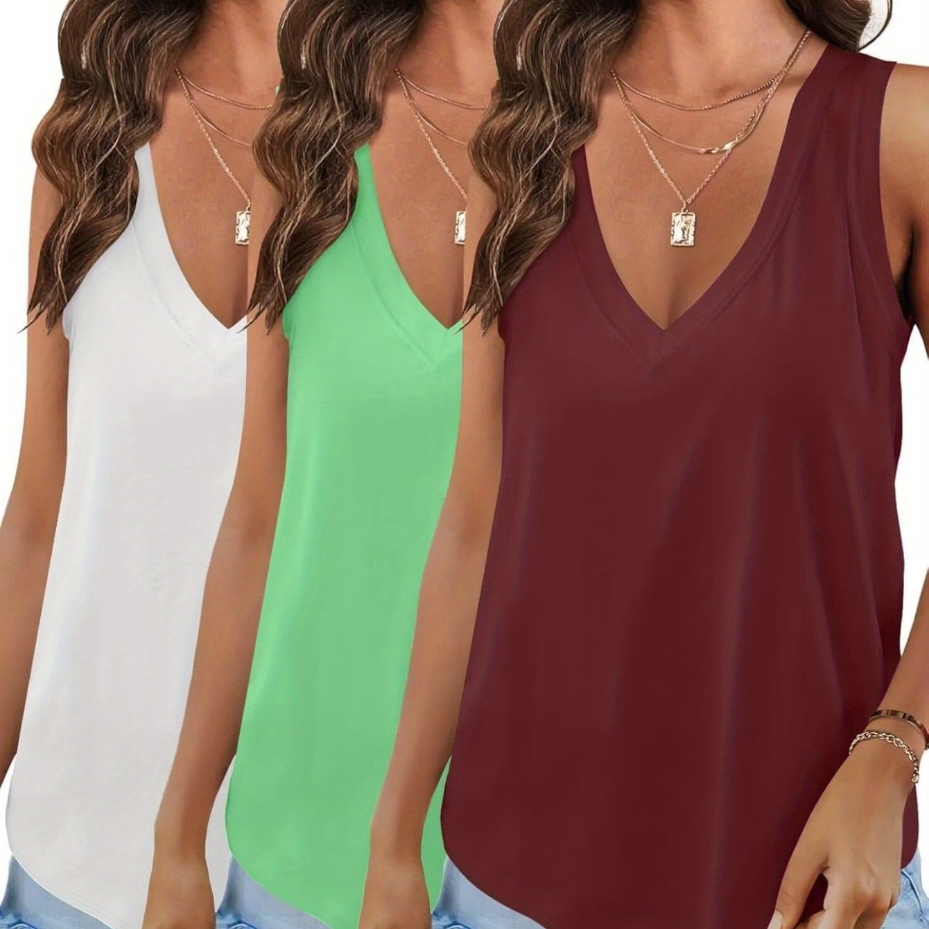 3 Pack Women's Soft Stretchy V-Neck Tank Tops - Casual Wear