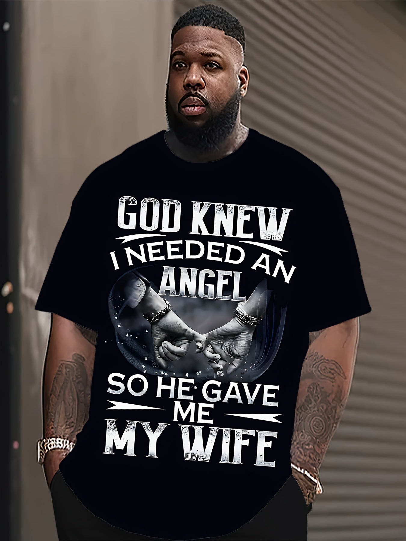 Men's Plus Size Motivational Graphic T-Shirt - God Knew I Needed an Angel Design, Casual Cotton Knit, Short Sleeve, Black