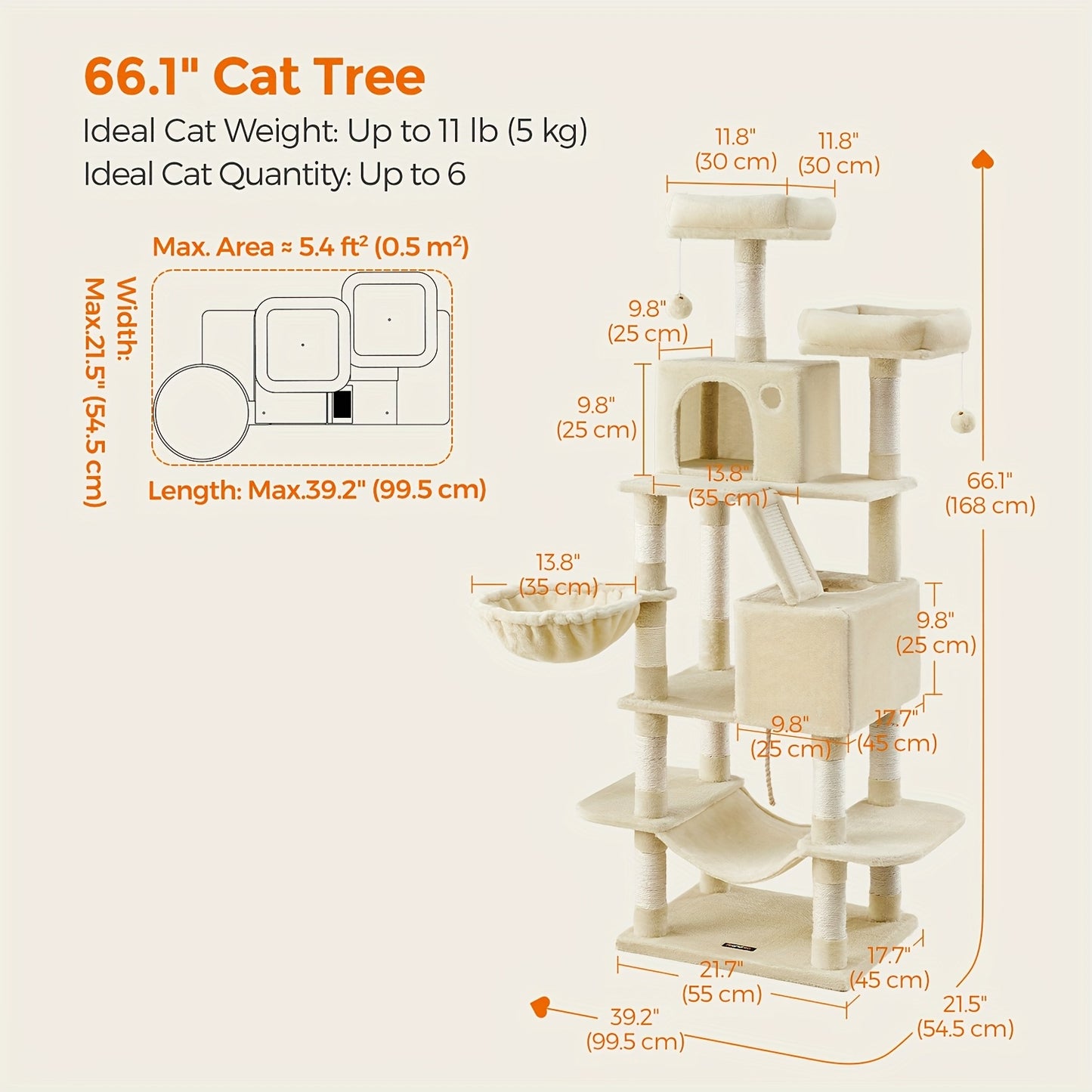 Feandrea 44/66.1in Cat Tree, Large Cat Tower with 13 Scratching Posts, 2 Perches, 2 Caves, Hanging Basket & Hammock, Pompoms, Stable Kitty Play House, Multi-Level Plush Cat Condo for Indoor Cats, Easy to Assemble, Perfect Gif