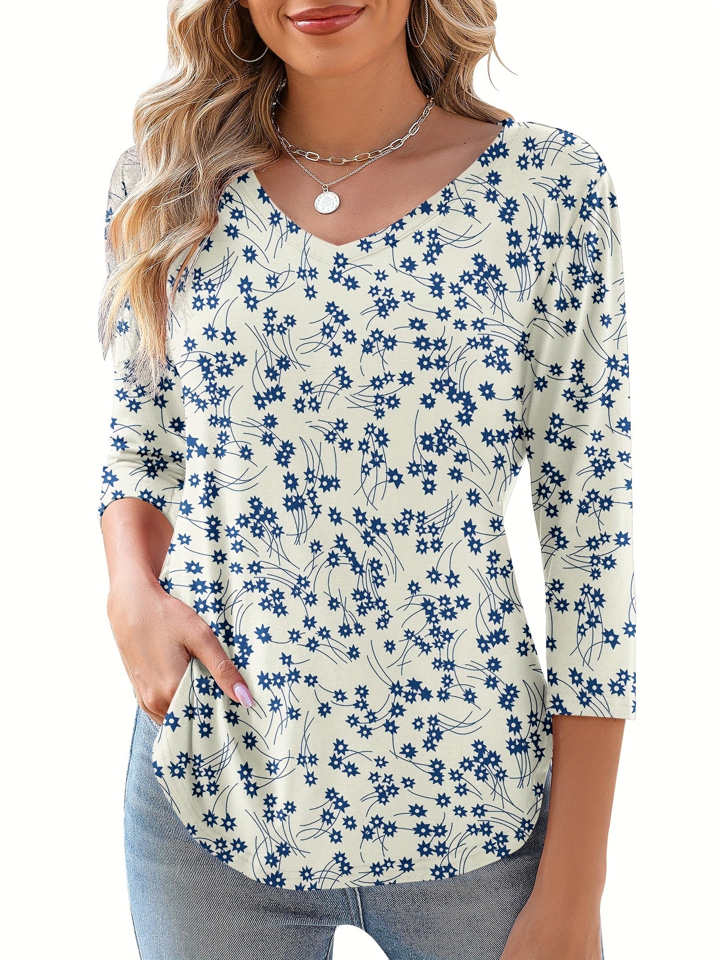 Women's Floral Print V-Neck 3/4 Sleeve T-Shirt - Black & White Contrast, Breathable Fabric, Elegant Casual Versatile Top for Spring Summer Fall, Machine Washable, Seasonal Fashion | Soft Texture Shirt, Ladies T Shirts